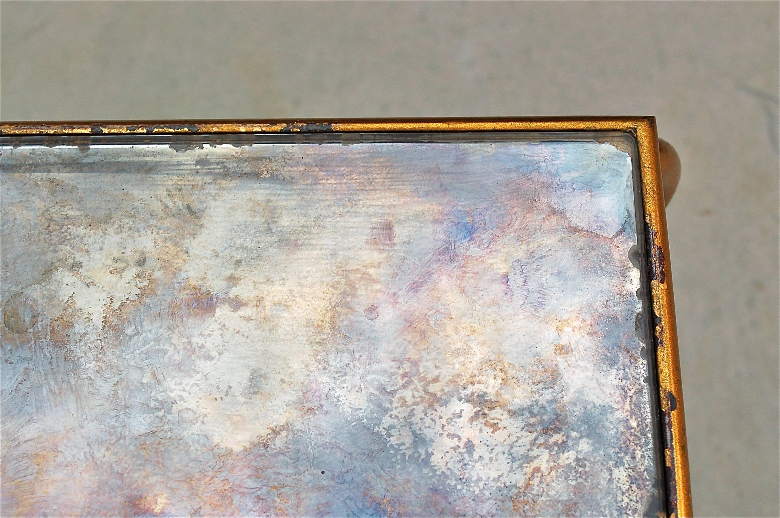 French Gilt Coffee Table with Original Iridescent Mirrored Top by René Drouet For Sale