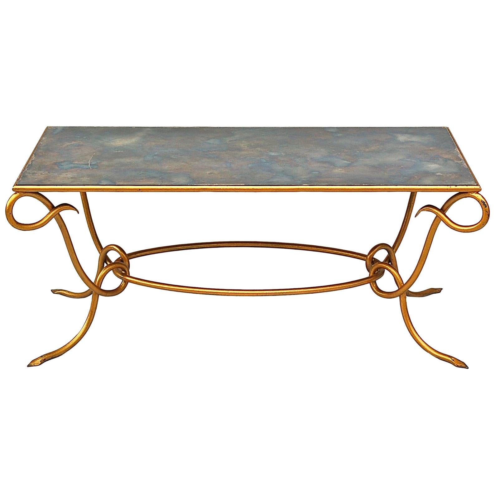 Gilt Coffee Table with Original Iridescent Mirrored Top by René Drouet For Sale