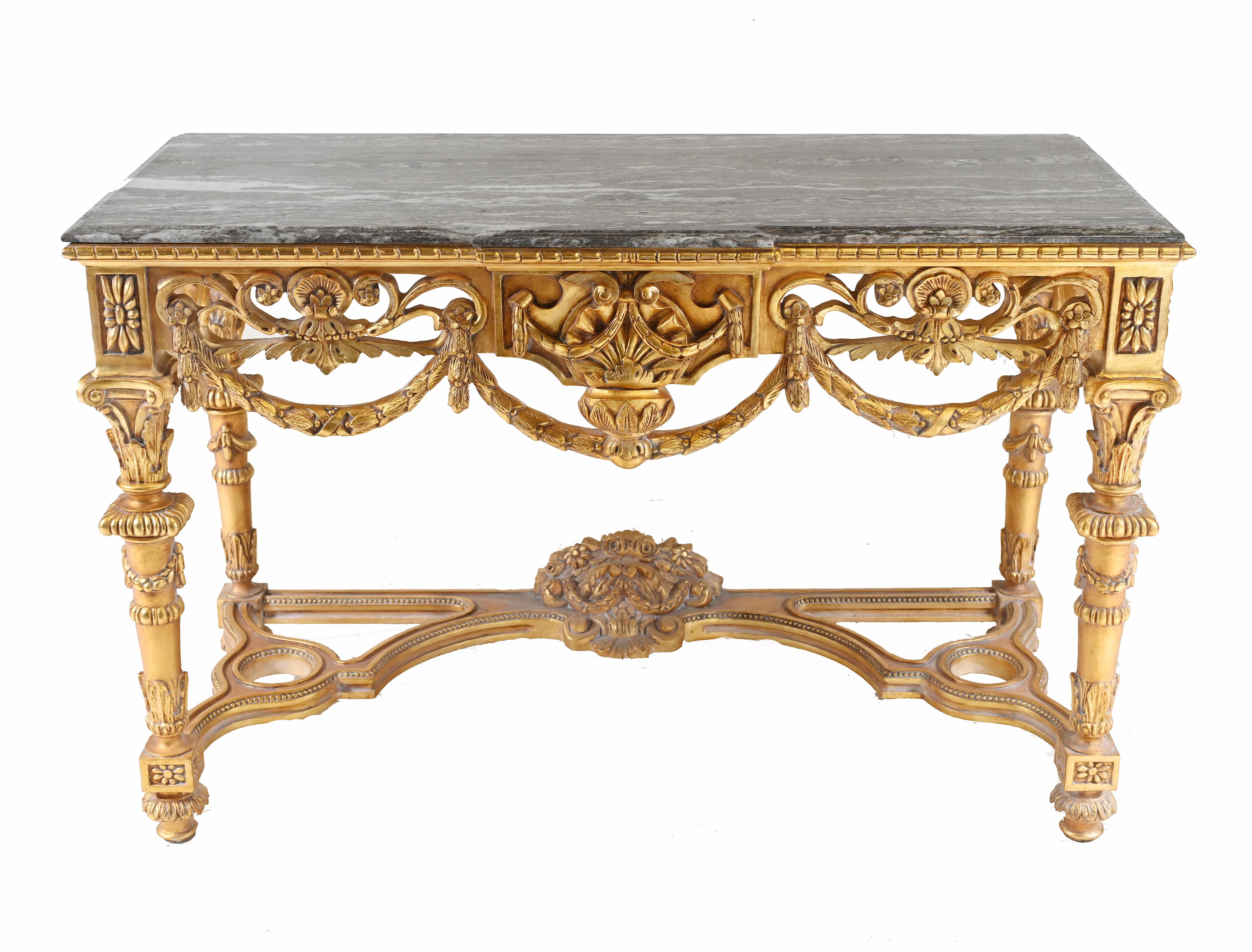 Consolle italiana ornata e dorata in stile barocco
Intricati intagli con drappeggi, motivi floreali e rosette
Rifinito in oro per dargli un aspetto opulento.
Il piano in marmo rosso è liscio e senza schegge
Le visite sono disponibili su