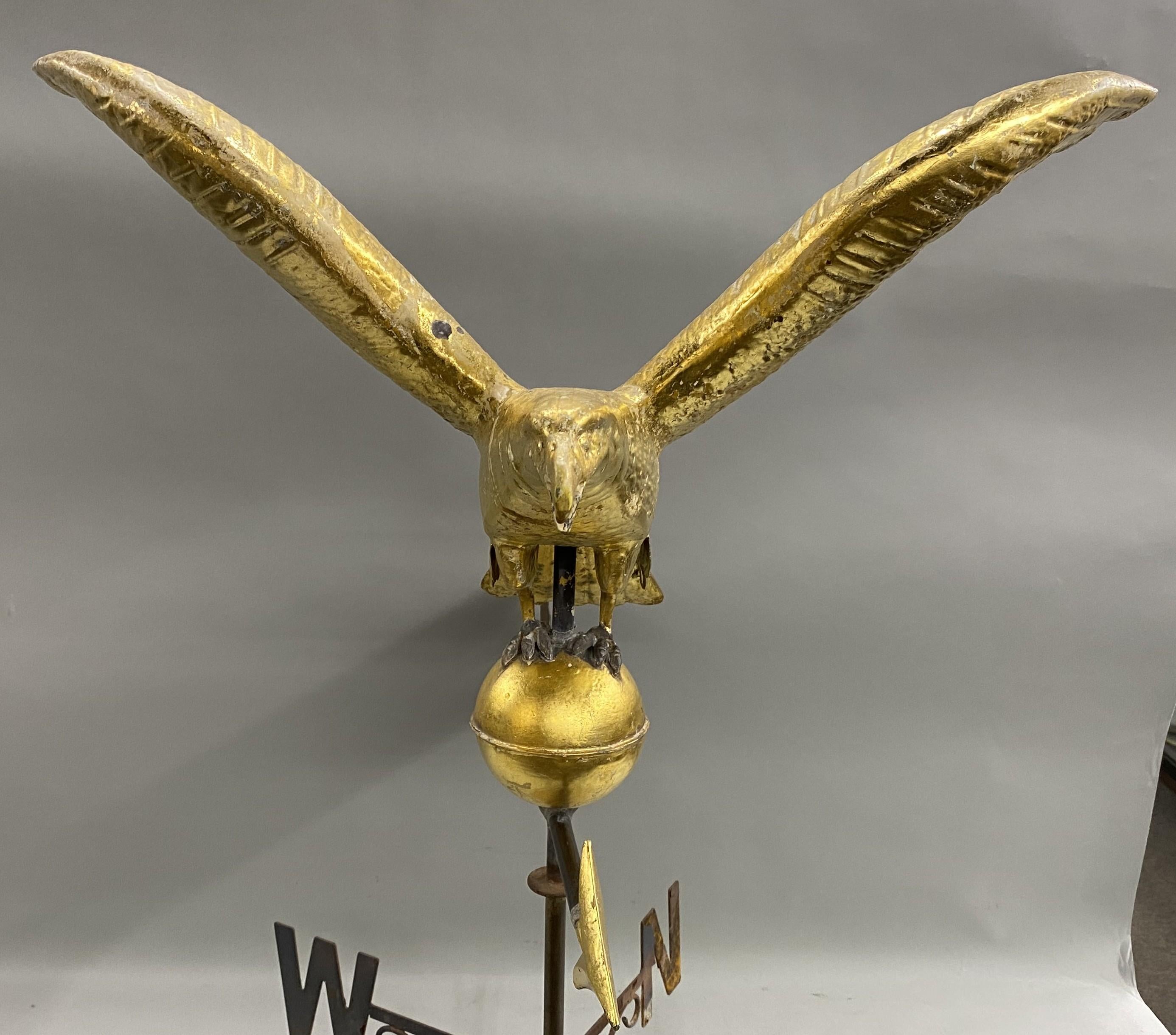 Gilt Copper Eagle Weather Vane with Directional and Later Stand In Good Condition For Sale In Milford, NH