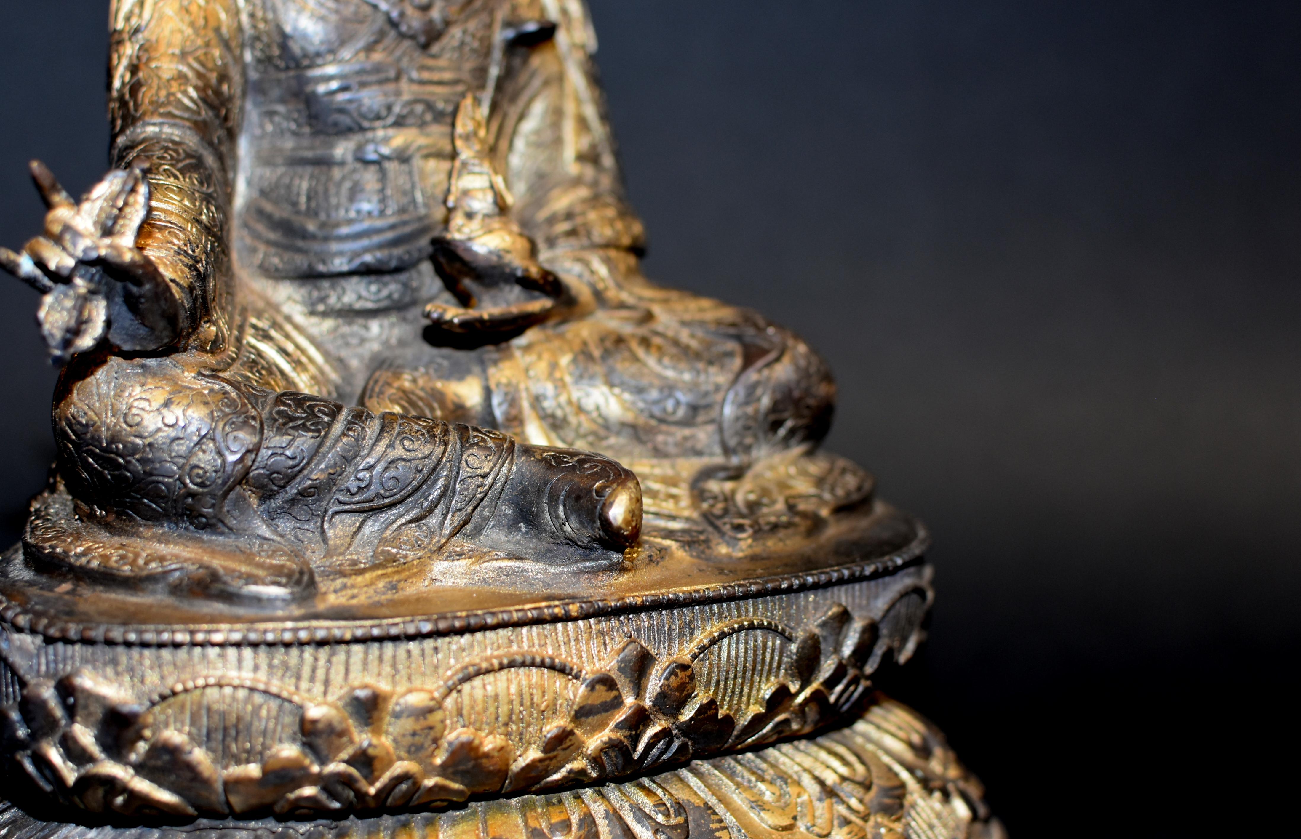 Gilt Copper Tibetan Statue of Teacher Padma Sambhav For Sale 4
