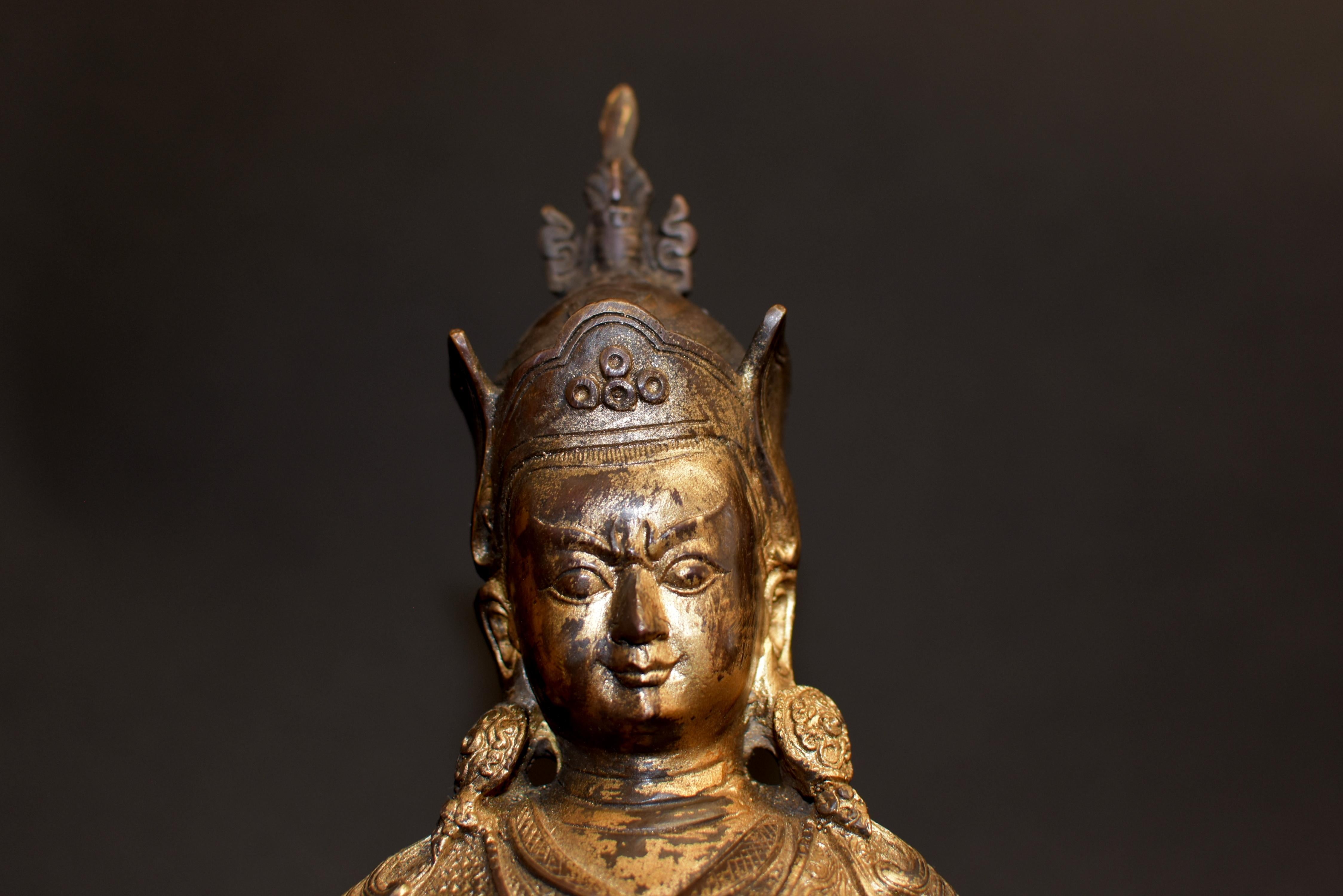 Gilt Copper Tibetan Statue of Teacher Padma Sambhav For Sale 5