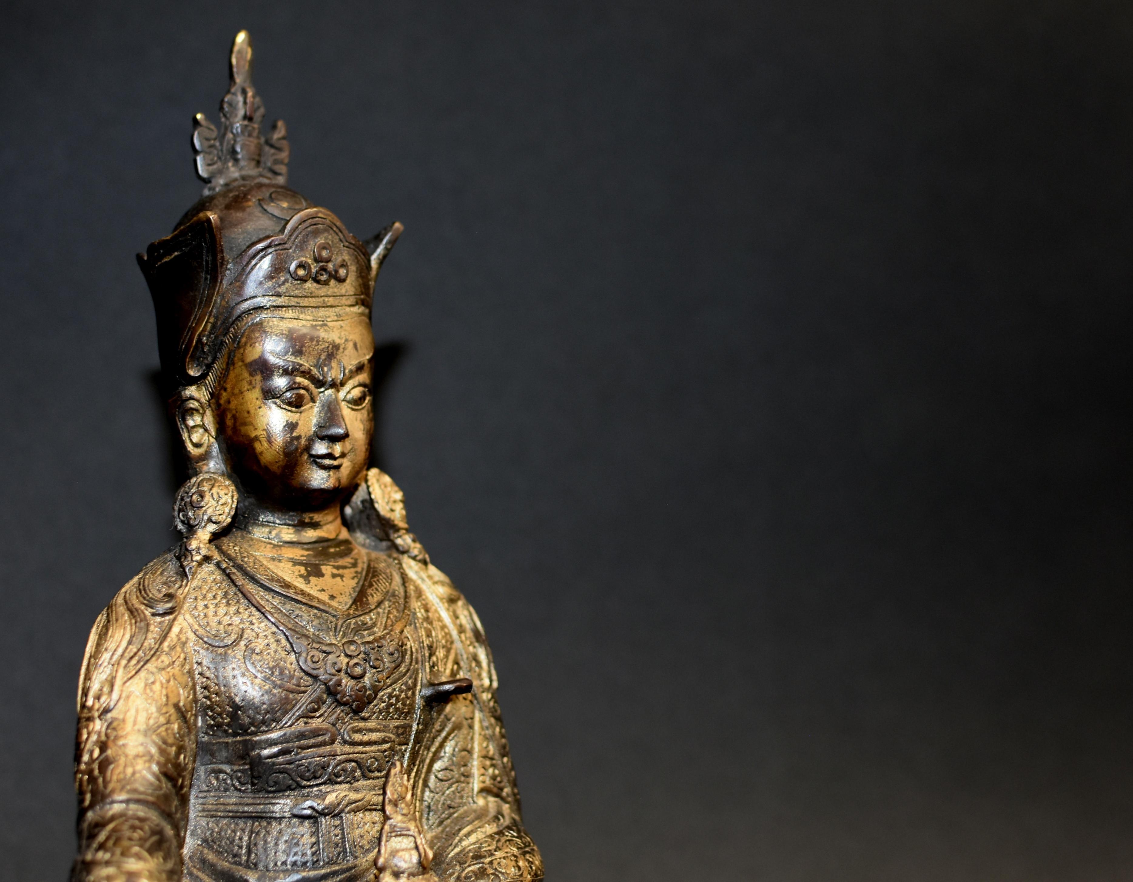 Bronze Gilt Copper Tibetan Statue of Teacher Padma Sambhav For Sale
