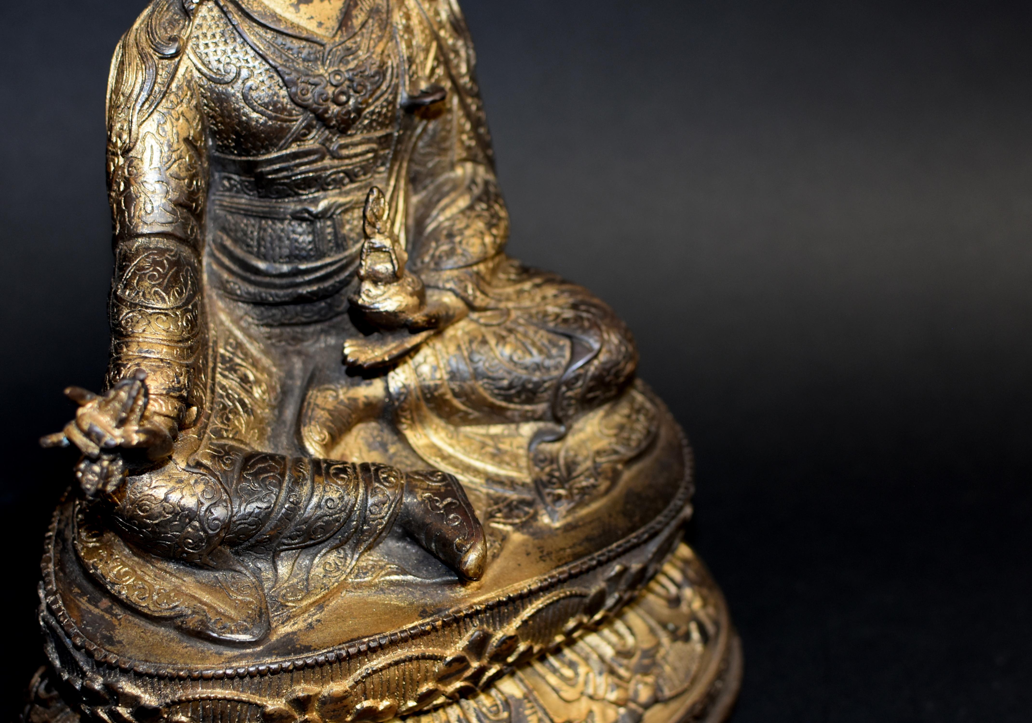 Gilt Copper Tibetan Statue of Teacher Padma Sambhav For Sale 1