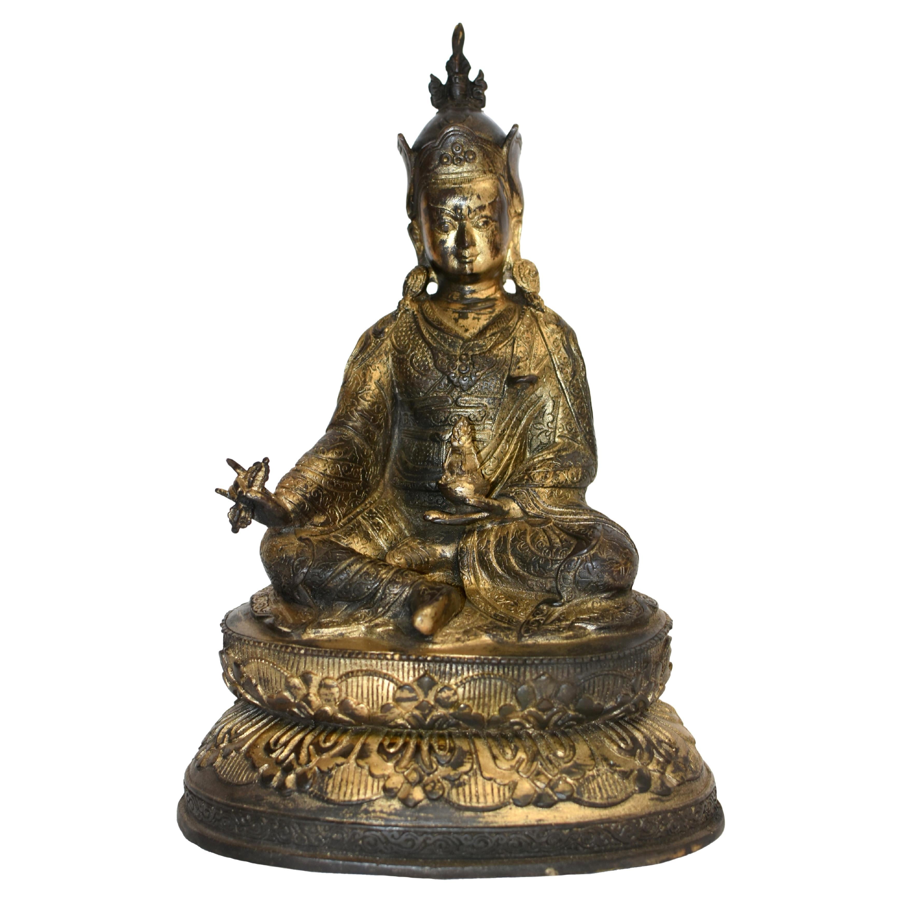 Gilt Copper Tibetan Statue of Teacher Padma Sambhav For Sale