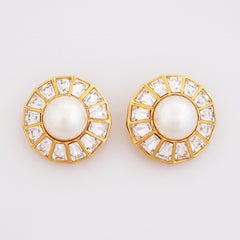 Gilt & Crystal Halo Earrings With Faux Pearls By Sphinx, 1980s