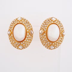 Gilt & Crystal Pavé Oval Statement Earrings With Pearls By Heidi Daus, 1990s