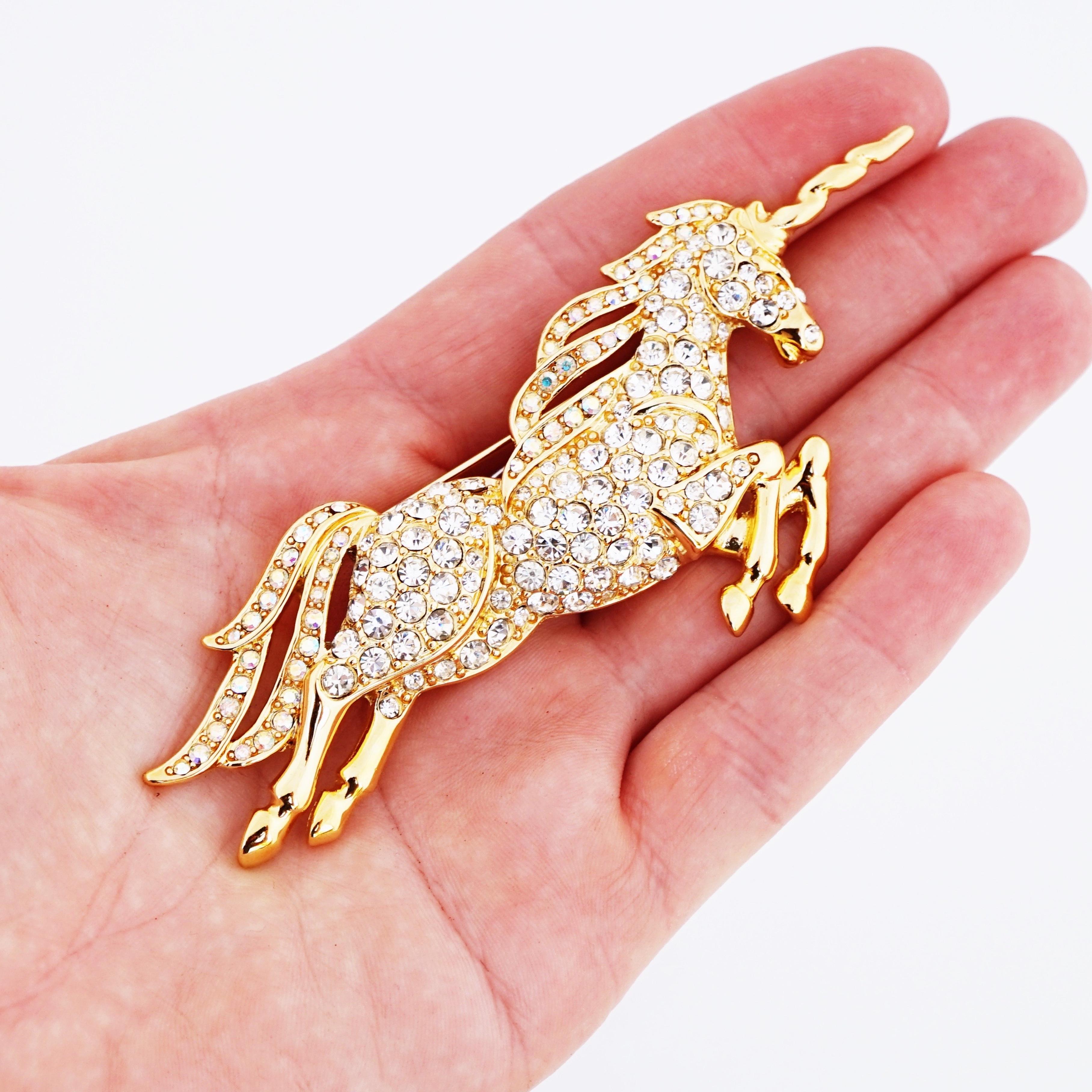 Gilt & Crystal Pavé Unicorn Figural Brooch By Trifari, 1980s In Good Condition In McKinney, TX