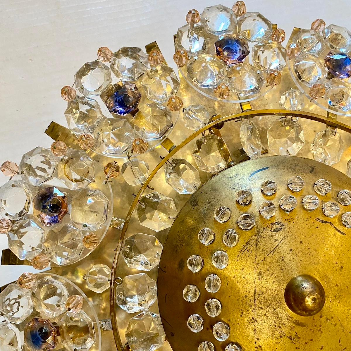 Mid-20th Century Gilt Crystals Flush Mount For Sale
