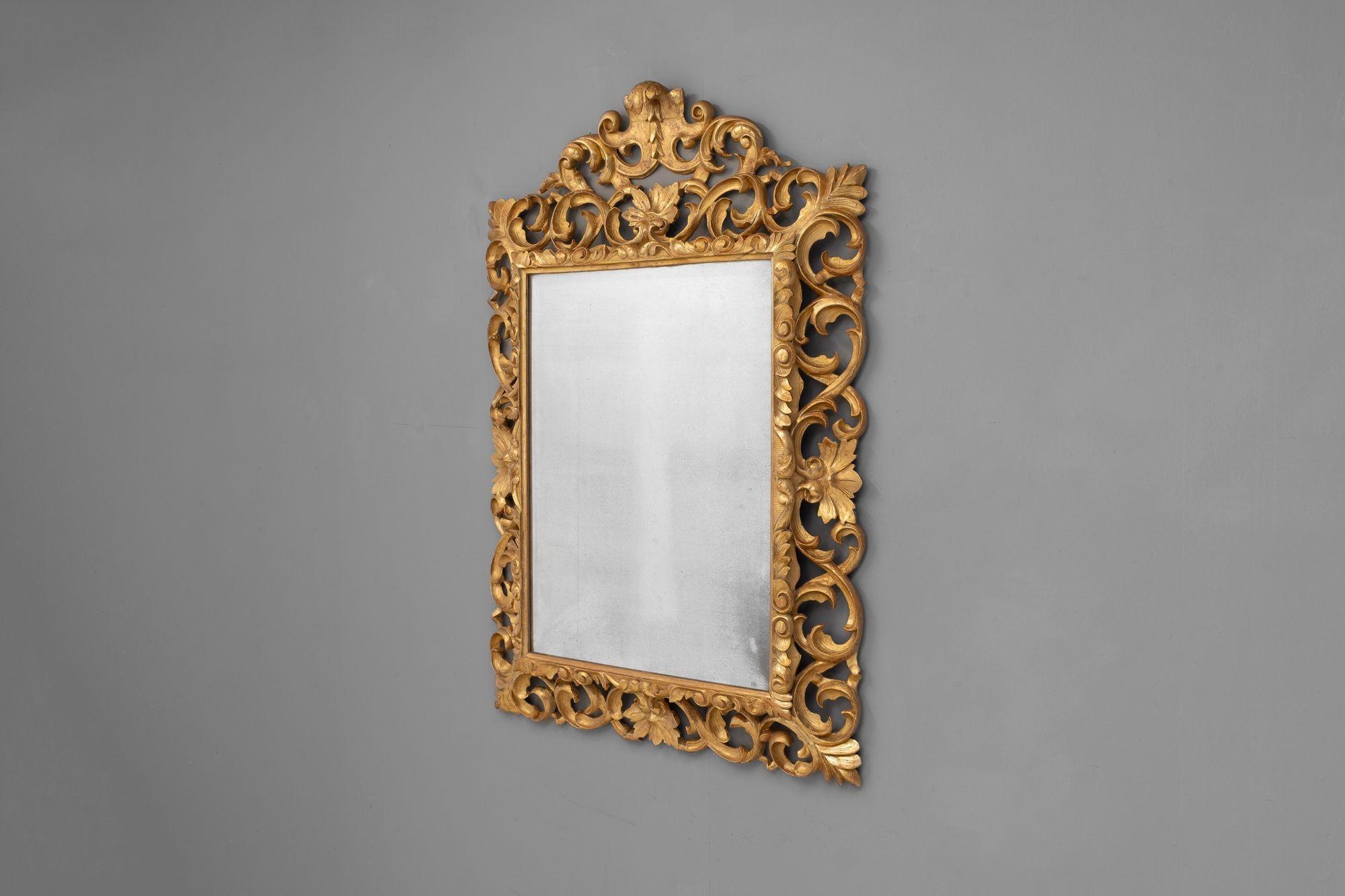 Gilded carved wood Florentine style French mirror with original mirror plate. Circa 1860.
H 140cm x W 98cm x D 10cm
Please be in touch for an accurate shipping quote.