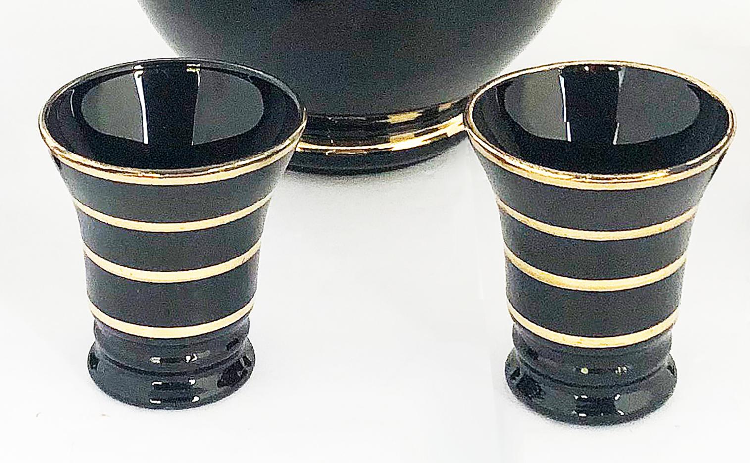 Gilt Decorated Black Bristol Glass Cordial Decanter / Glasses, Set of 7 In Good Condition For Sale In Miami, FL
