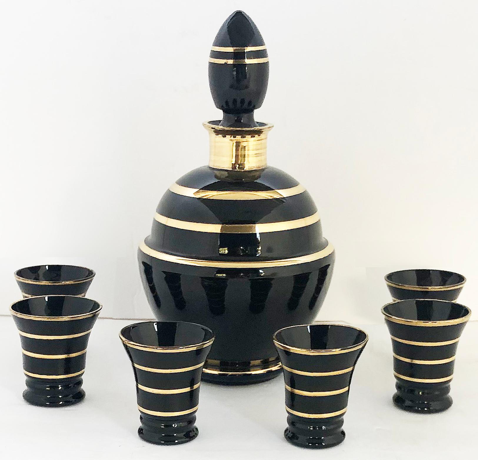 20th Century Gilt Decorated Black Bristol Glass Cordial Decanter / Glasses, Set of 7 For Sale