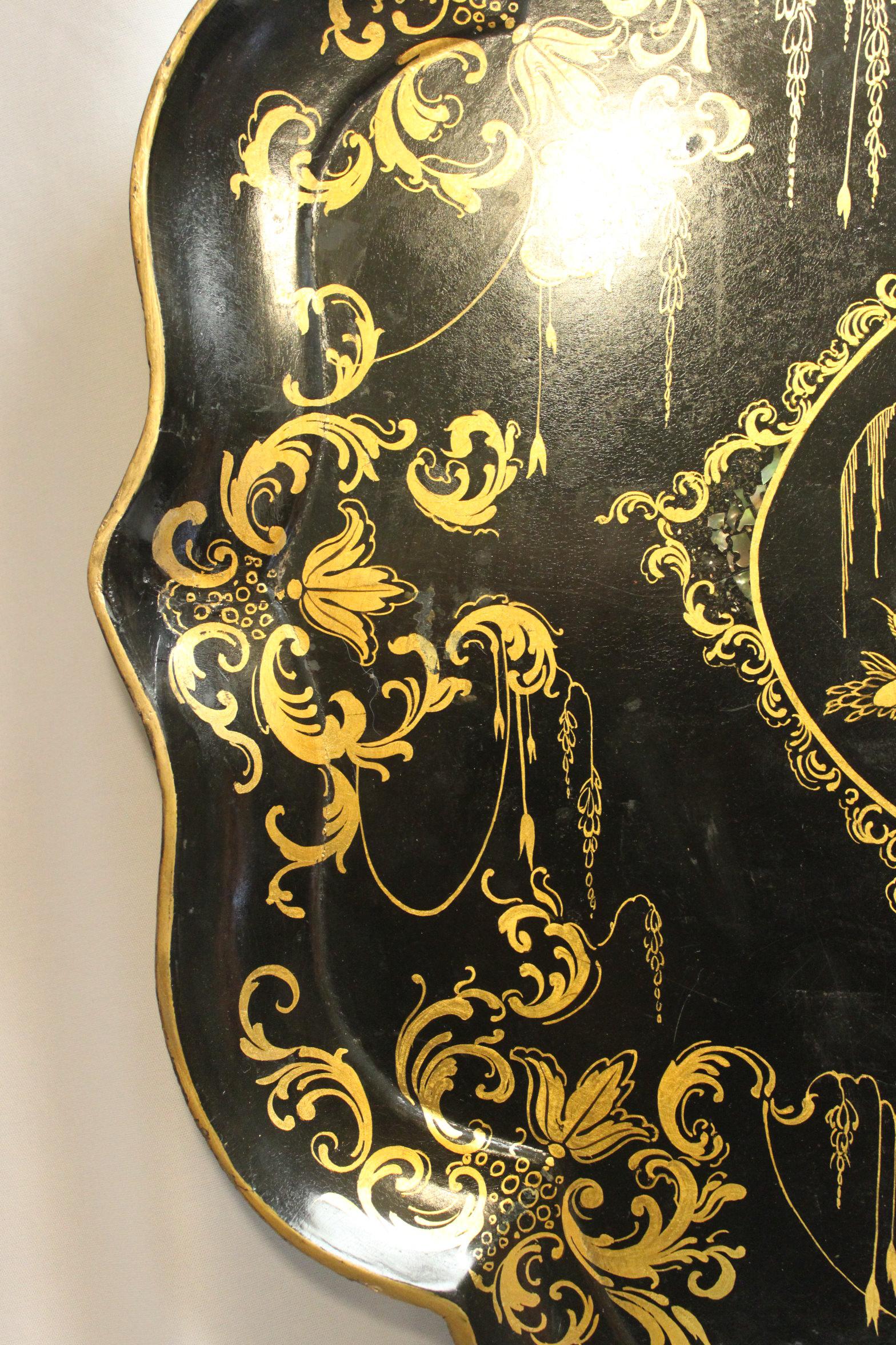 Chinoiserie Gilt decorated Queen gothic papier mache tray For Sale