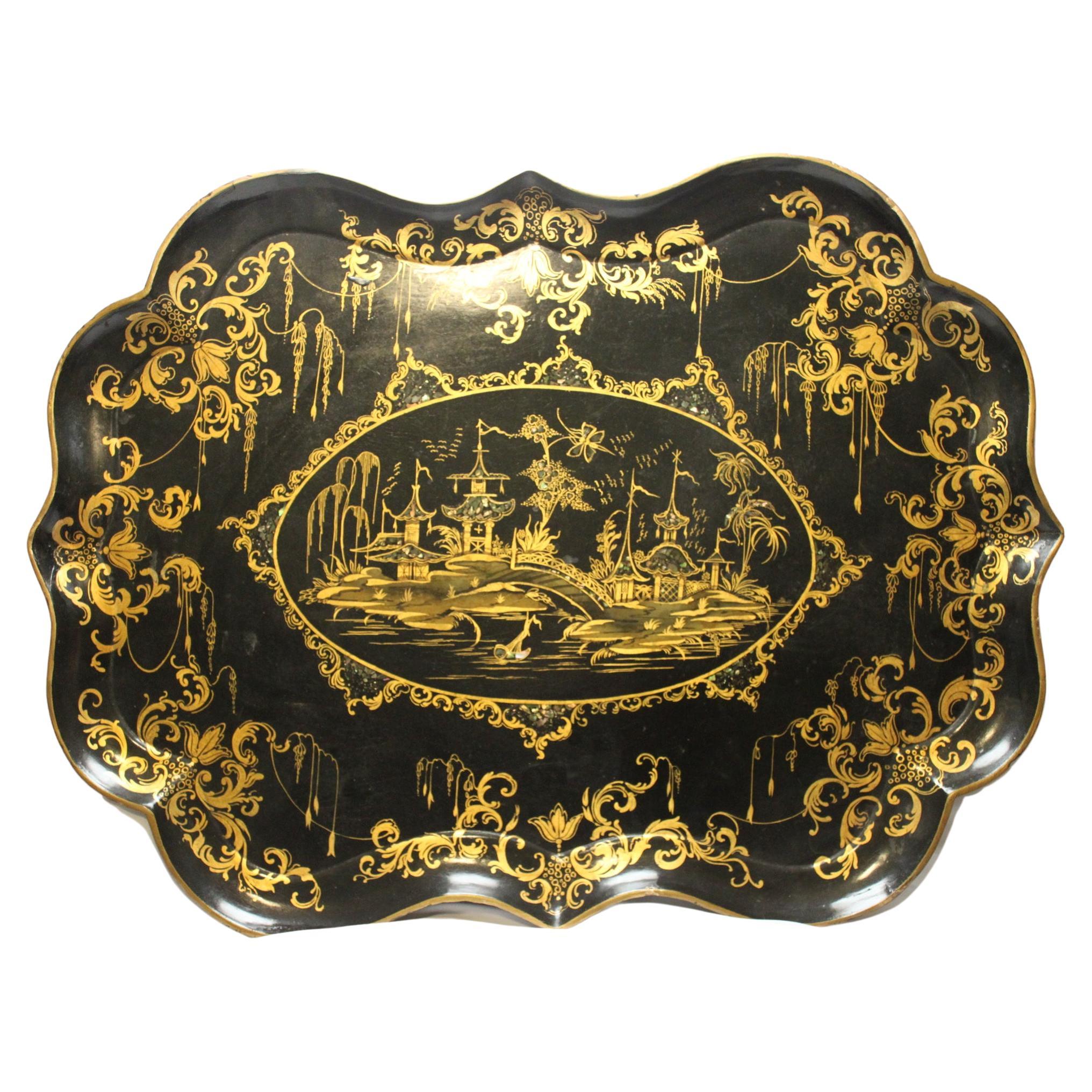 Gilt decorated Queen gothic papier mache tray For Sale