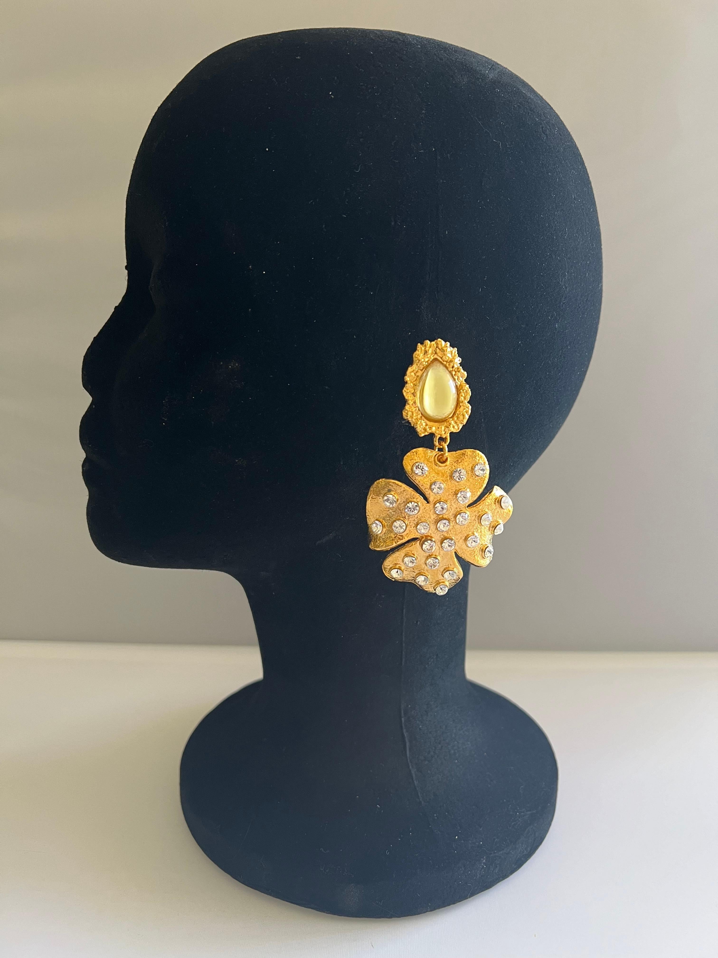 French designer (Hanna Bernard) Paris clip-on XL flower statement drop earrings with rhinestone 