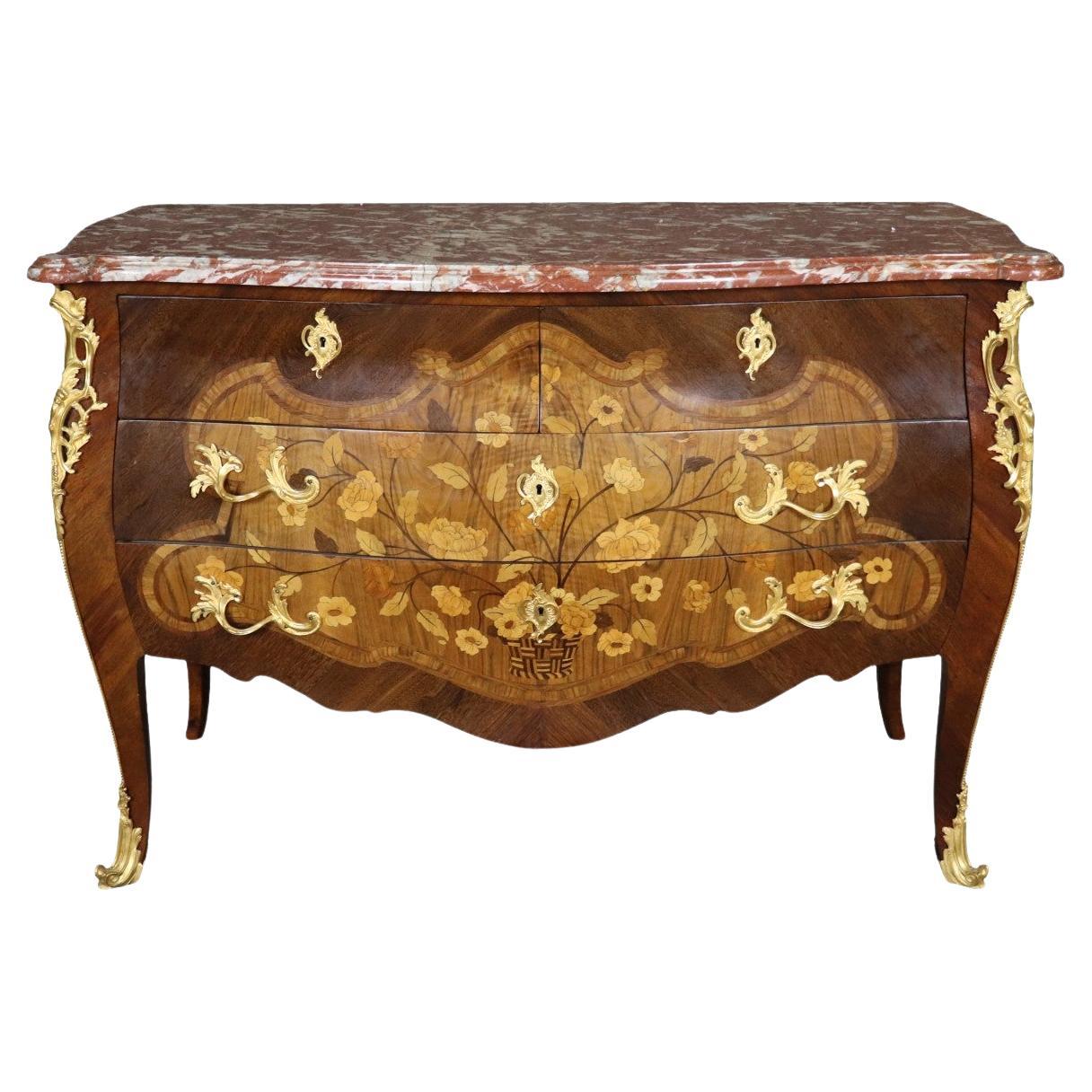 Gilt Dore
 Bronze Inlaid Bombe French Louis XV Marble Top Commode For Sale