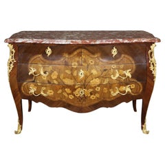 Gilt Dore
Bronze Inlaid Bombe French Louis XV Marble Top Commode