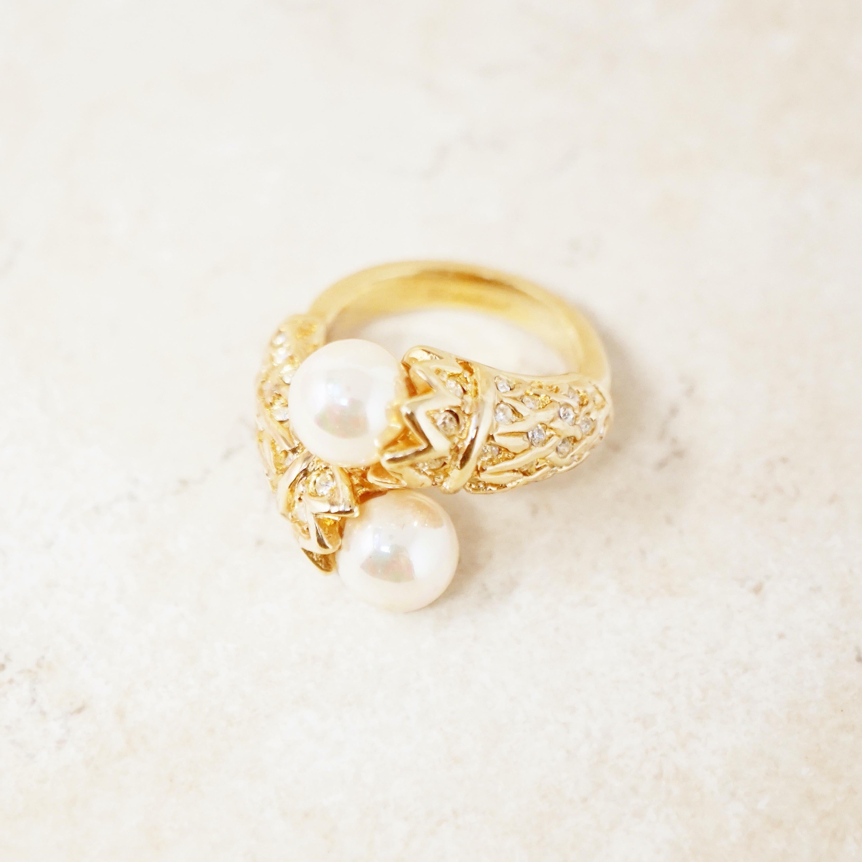 Modern Gilt Double Pearl Ring with Rhinestone Crystals (Size 6) by Nolan Miller, 1980s