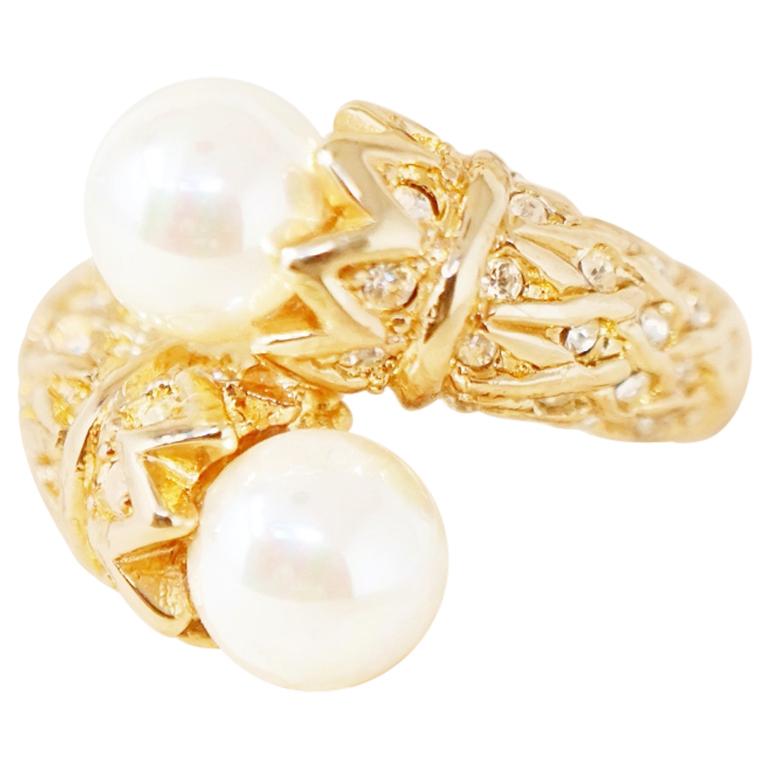 Gilt Double Pearl Ring with Rhinestone Crystals (Size 6) by Nolan Miller, 1980s