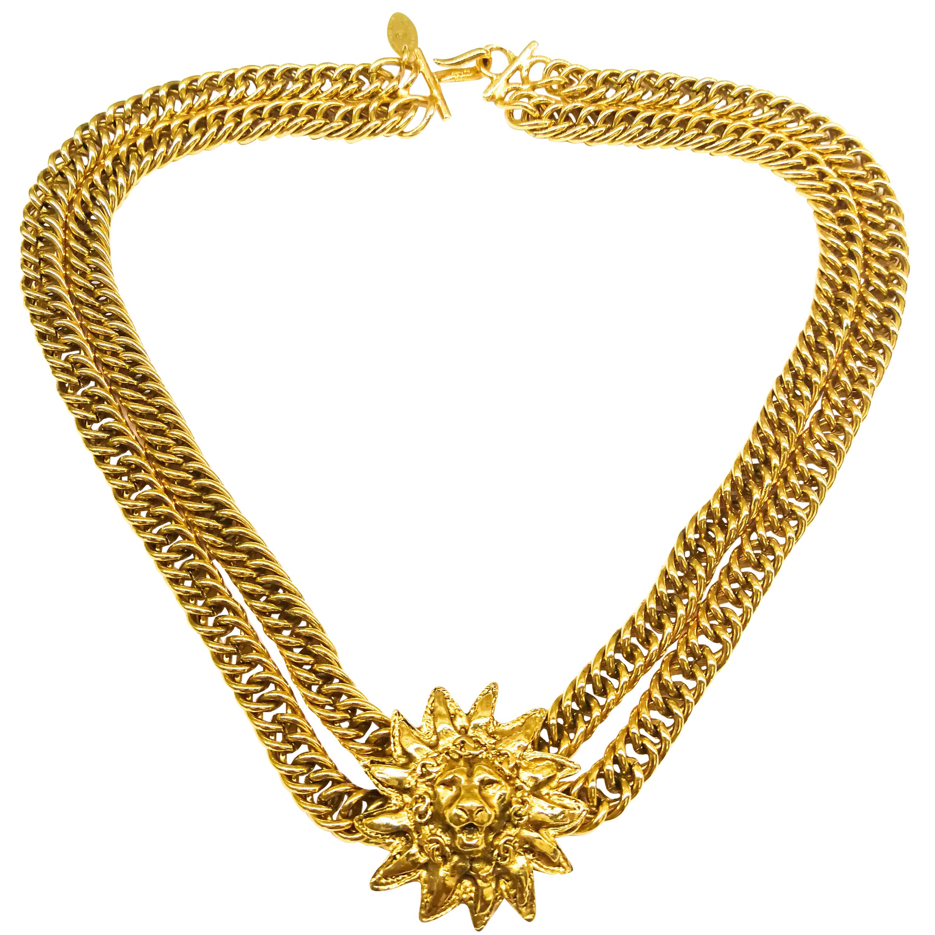 Gilt double row chain necklace, with iconic 'lion head' motif , Chanel, 1980s