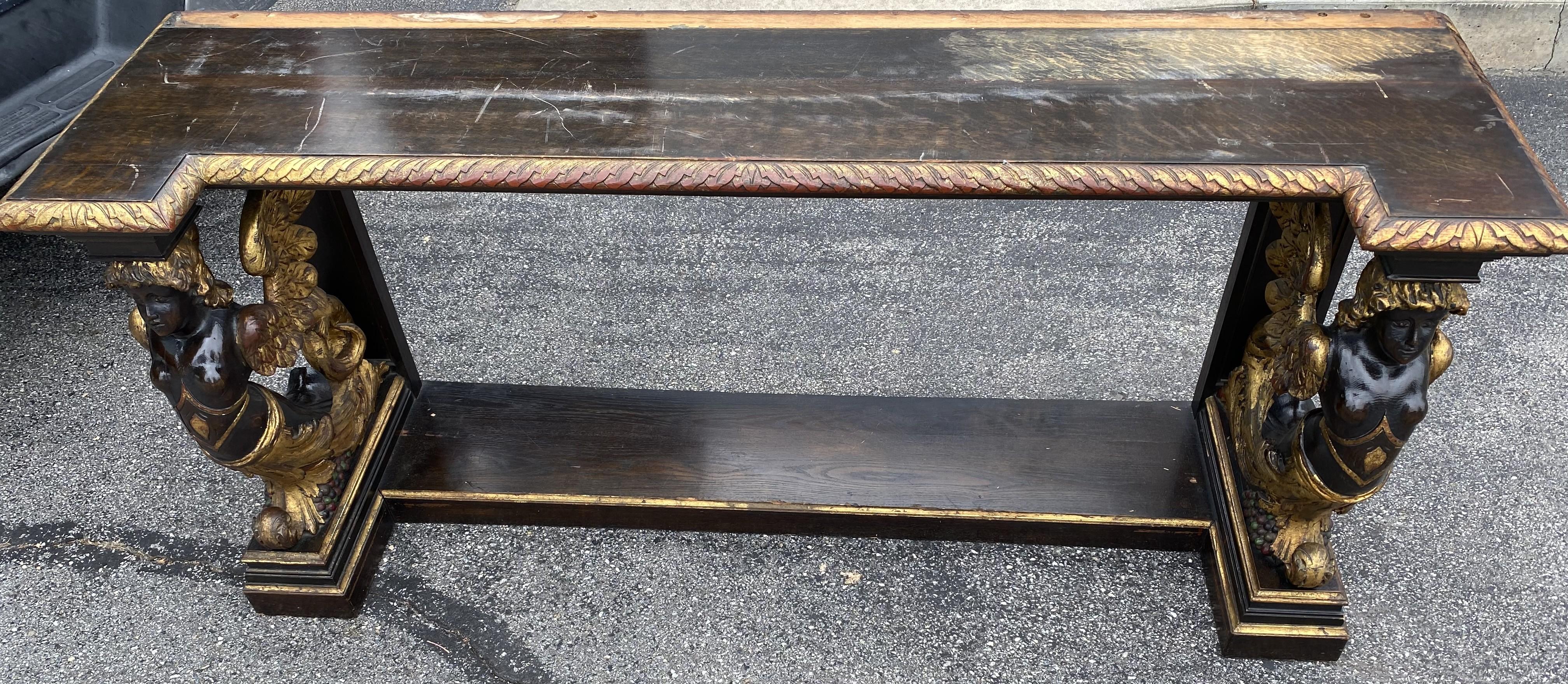 Gilt & Ebonized Marble Top Pier Table with Winged Caryatid Supports For Sale 3