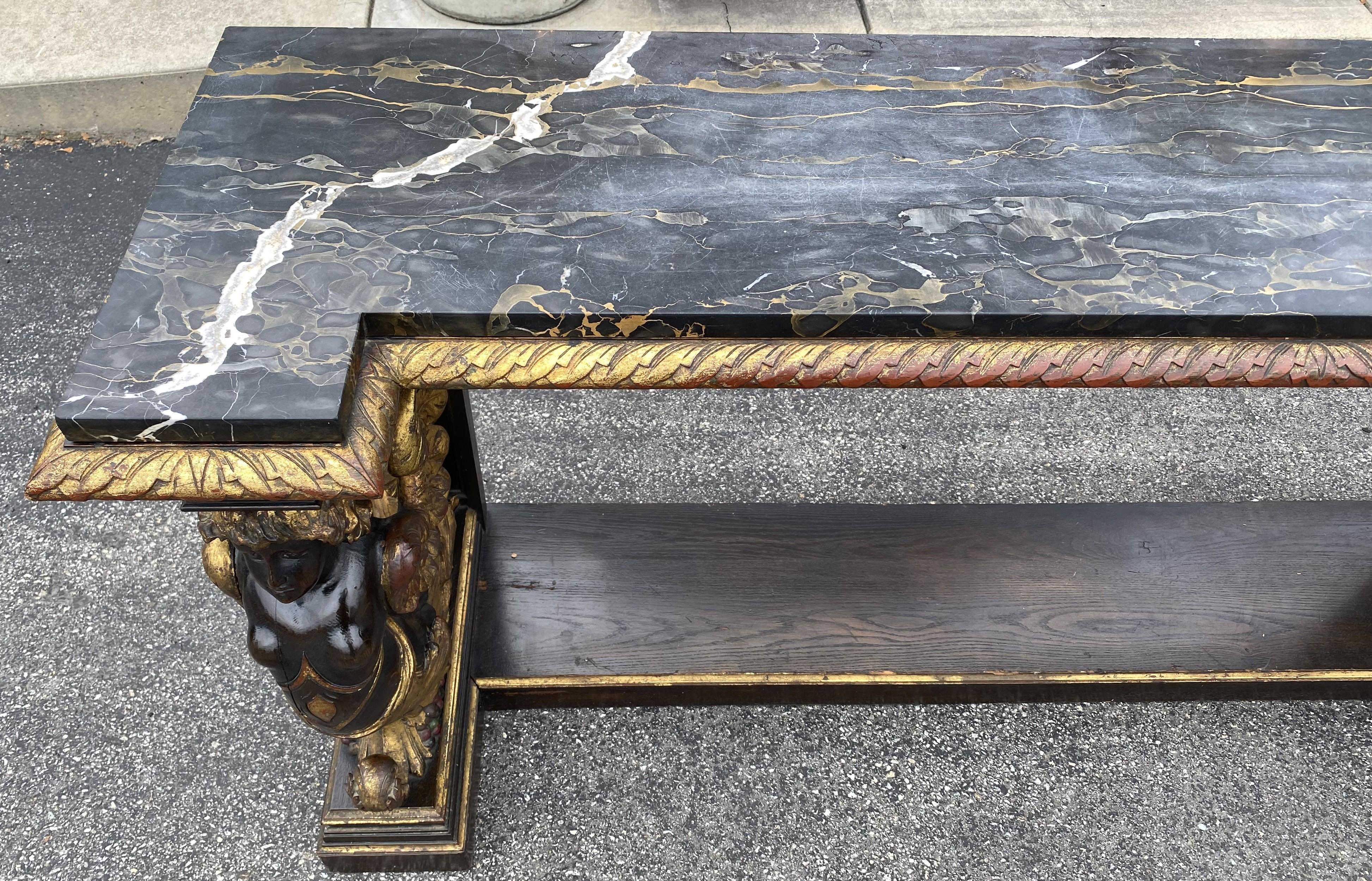 Baroque Revival Gilt & Ebonized Marble Top Pier Table with Winged Caryatid Supports For Sale