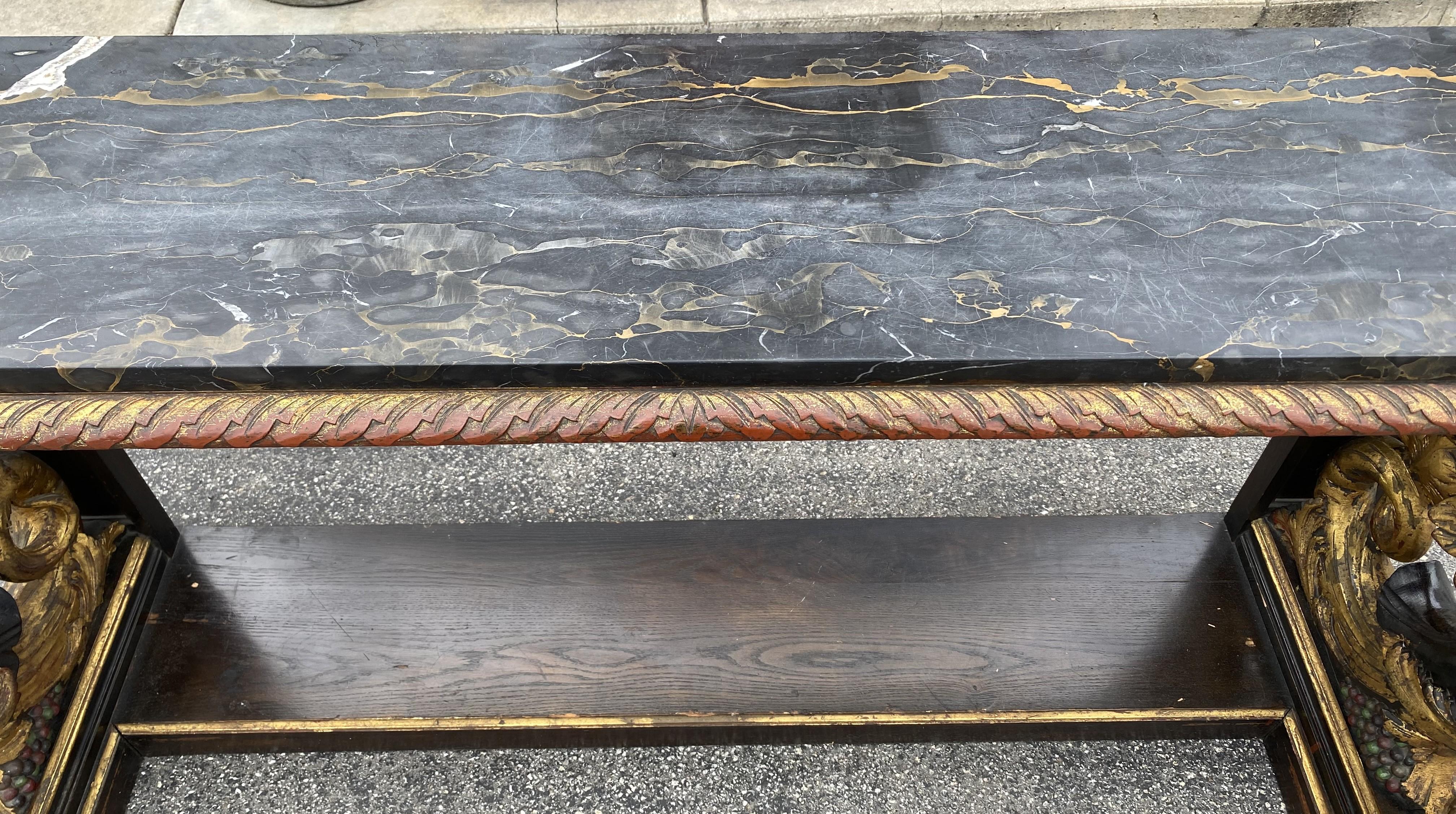 Italian Gilt & Ebonized Marble Top Pier Table with Winged Caryatid Supports For Sale