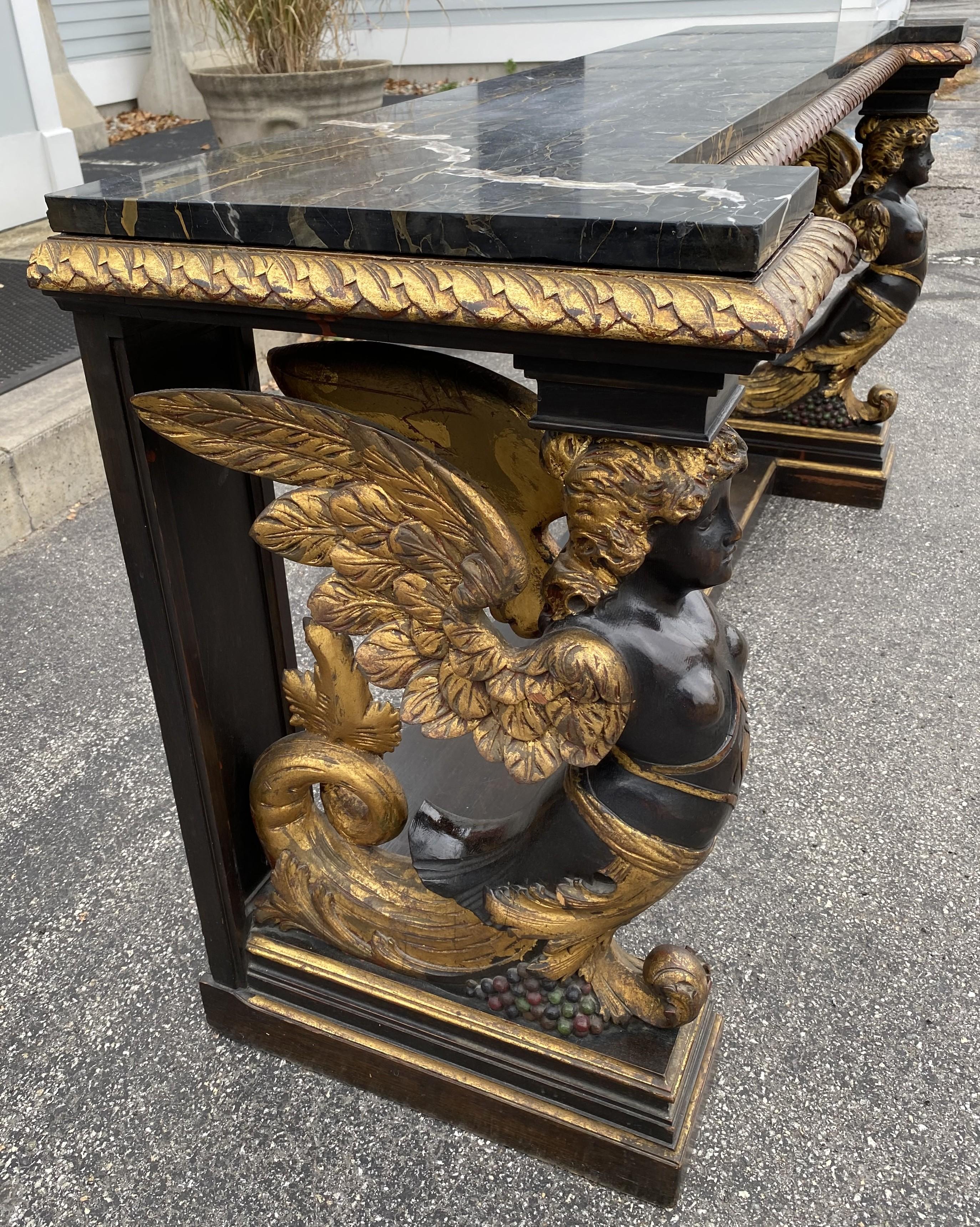 Gilt & Ebonized Marble Top Pier Table with Winged Caryatid Supports In Good Condition For Sale In Milford, NH