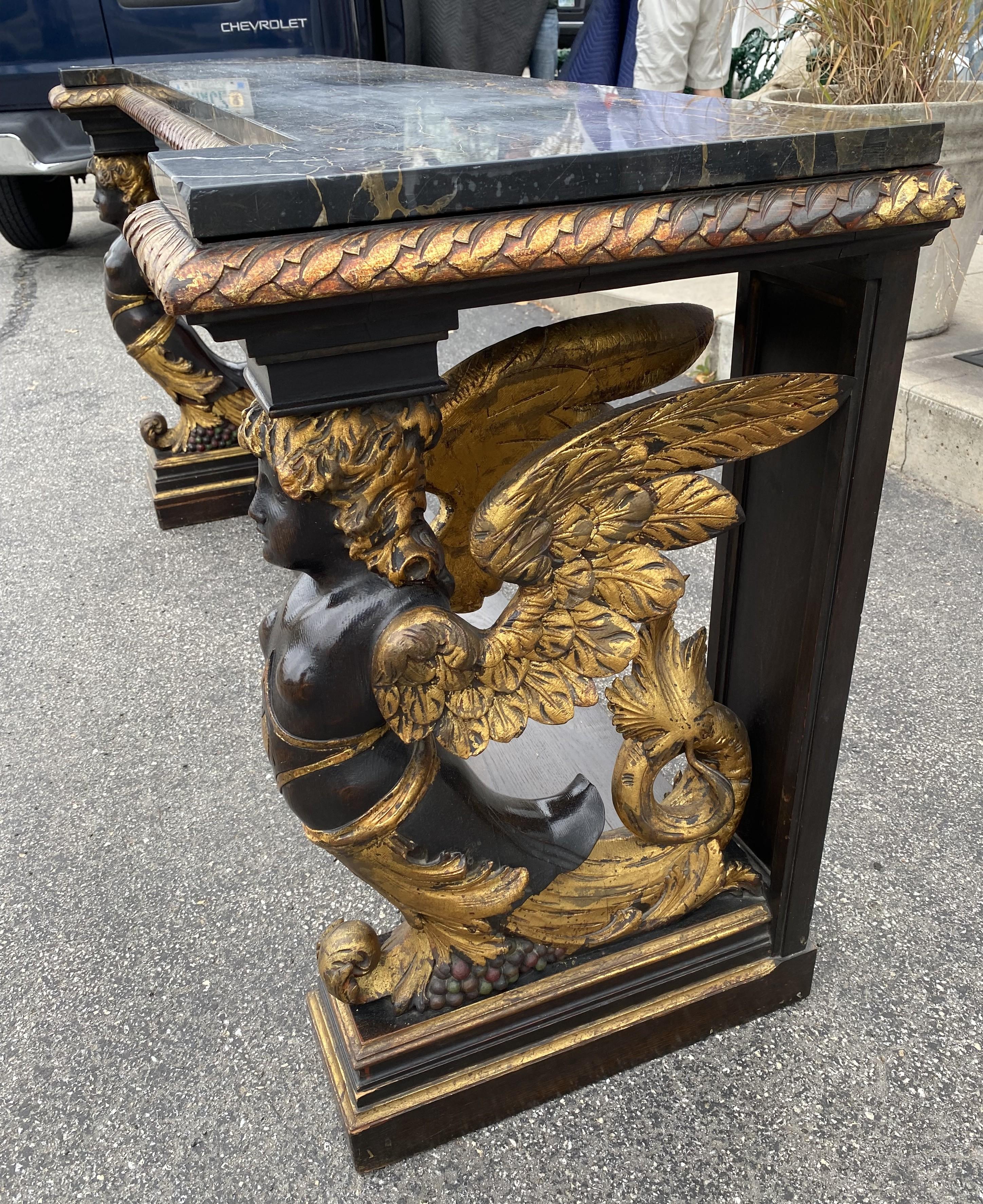 19th Century Gilt & Ebonized Marble Top Pier Table with Winged Caryatid Supports For Sale
