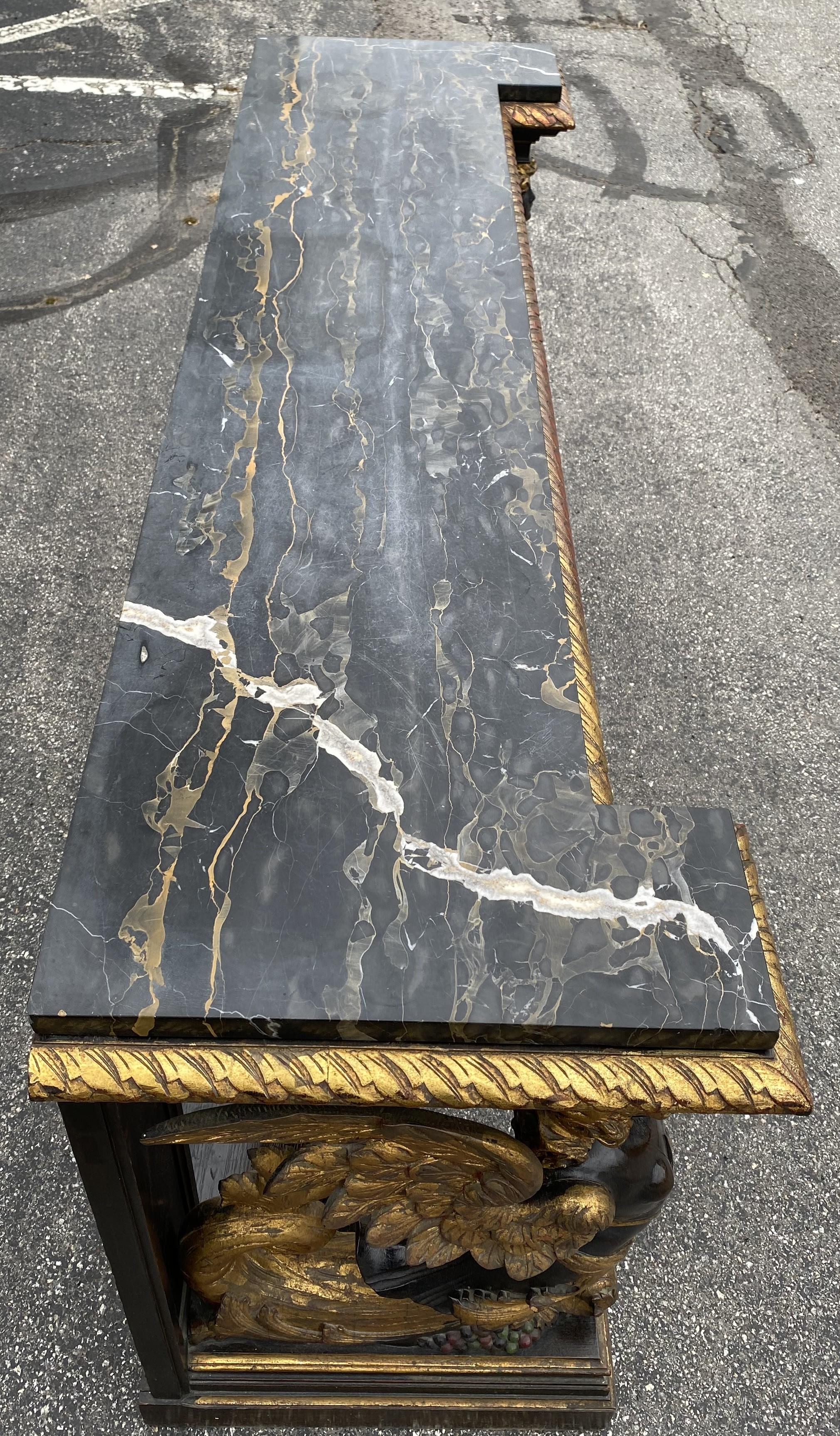 Gilt & Ebonized Marble Top Pier Table with Winged Caryatid Supports For Sale 2