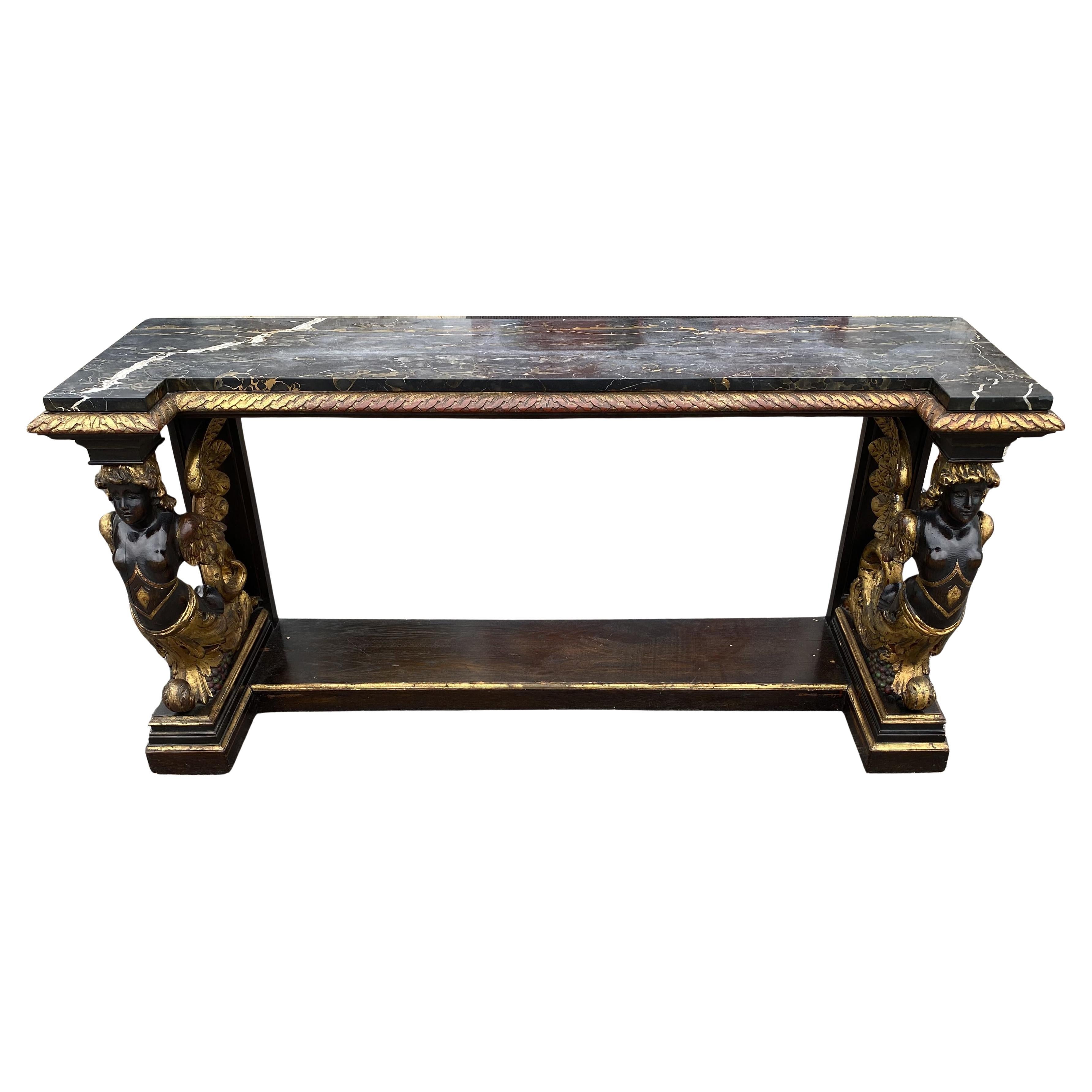 Table d'embarcadère en marbre doré et ébonisé avec supports de cariatides ailées