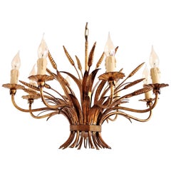 Gilt Eight-Arm Midcentury Chandelier with Wheat and Leaves by Hans Kögl, 1960s