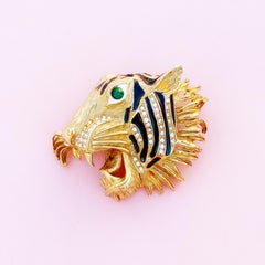 Vergoldet:: Emaille & Kristall Strass Tiger Kopf Brosche von Erwin Pearl:: 1980er Jahre