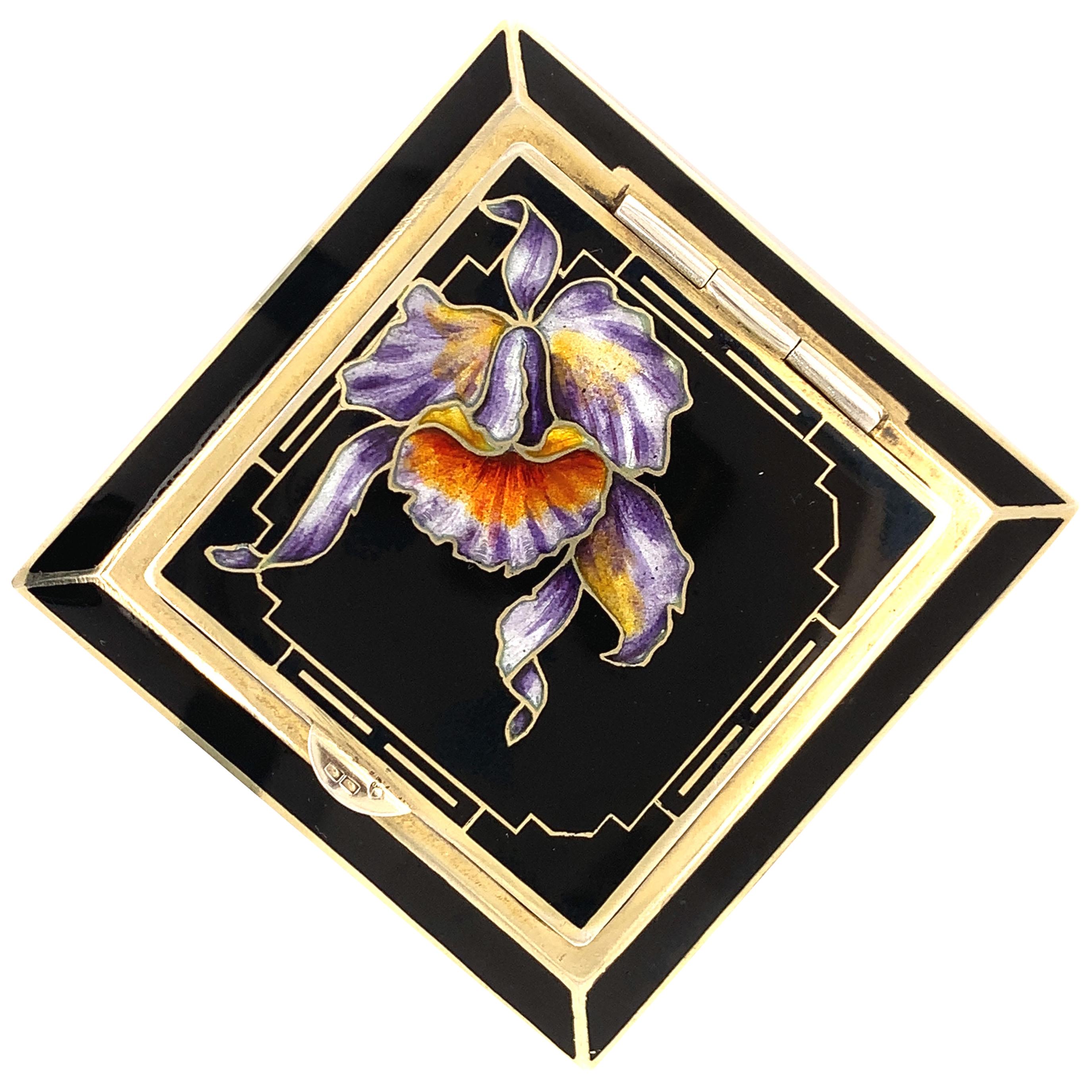 Gilt Enamel Iris Compact For Sale