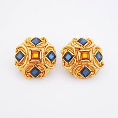 Gilt Etruscan Sapphire & Topaz Crystal Statement Earrings By Gem Craft, 1980s