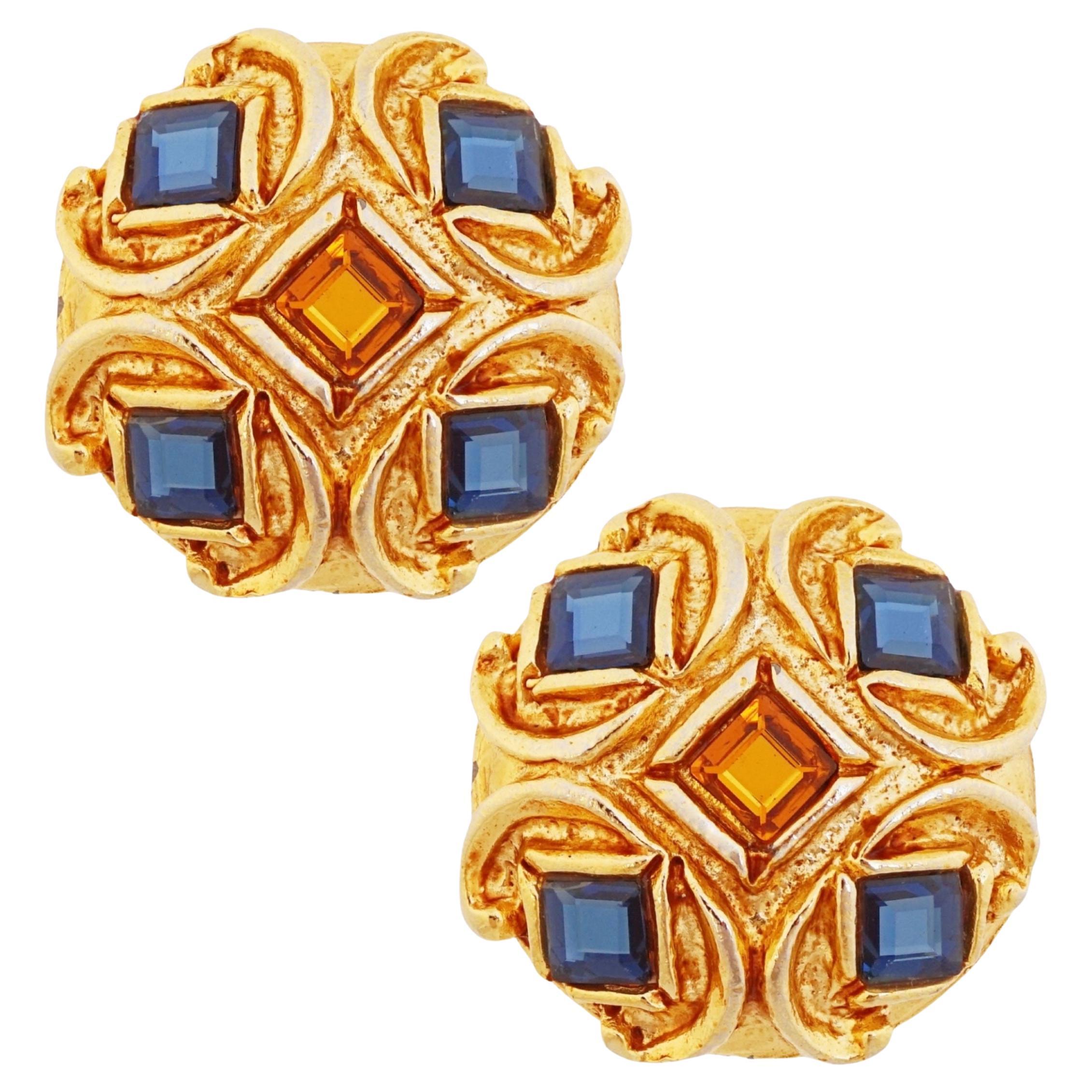 Gilt Etruscan Sapphire & Topaz Crystal Statement Earrings By Gem Craft, 1980s For Sale