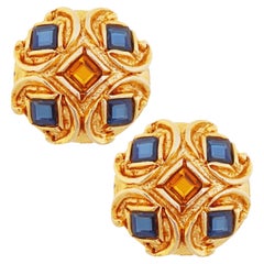 Vintage Gilt Etruscan Sapphire & Topaz Crystal Statement Earrings By Gem Craft, 1980s