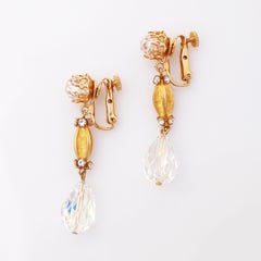 Gilt & Faceted Aurora Borealis Crystal Drop Earrings By Vendome, 1960s