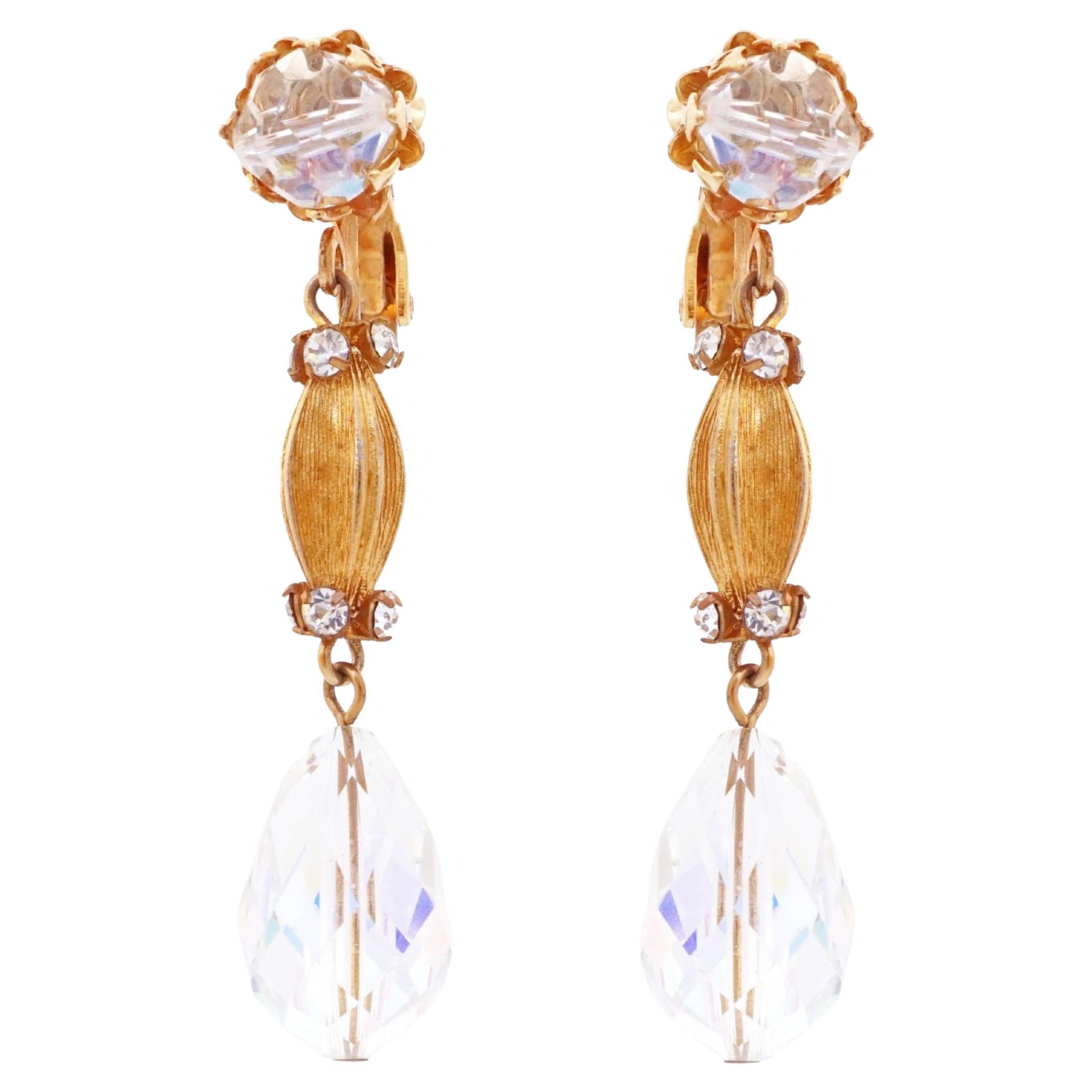 Gilt & Faceted Aurora Borealis Crystal Drop Earrings By Vendome, 1960s