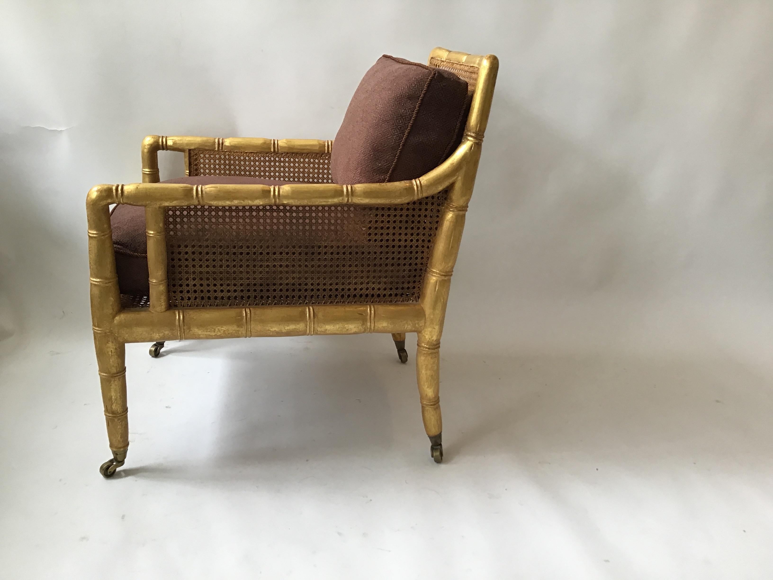 Gilt Faux Bamboo Lounge Chair In Good Condition In Tarrytown, NY
