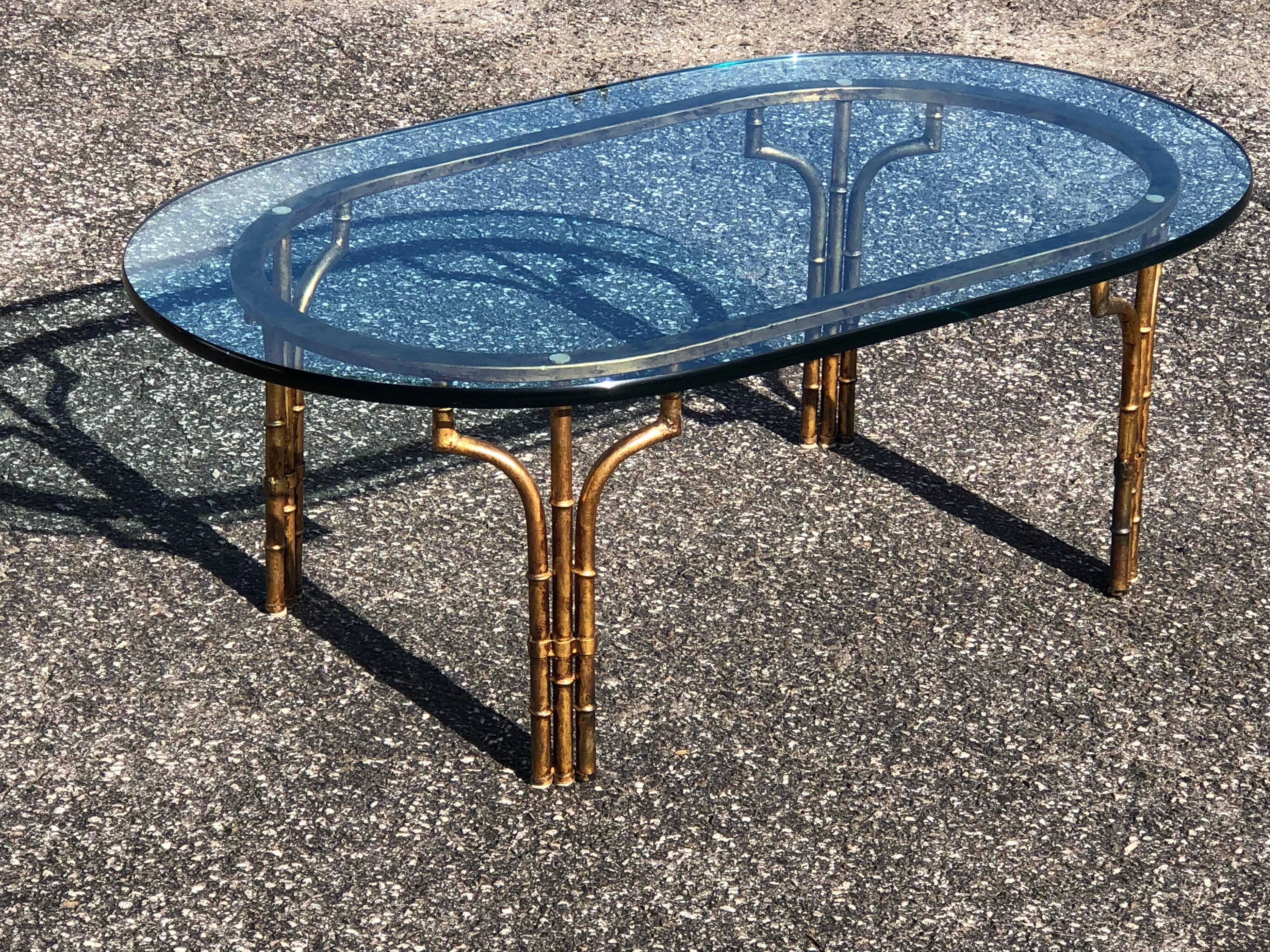Hollywood Regency Gilt Faux Bamboo Oval Coffee Table For Sale