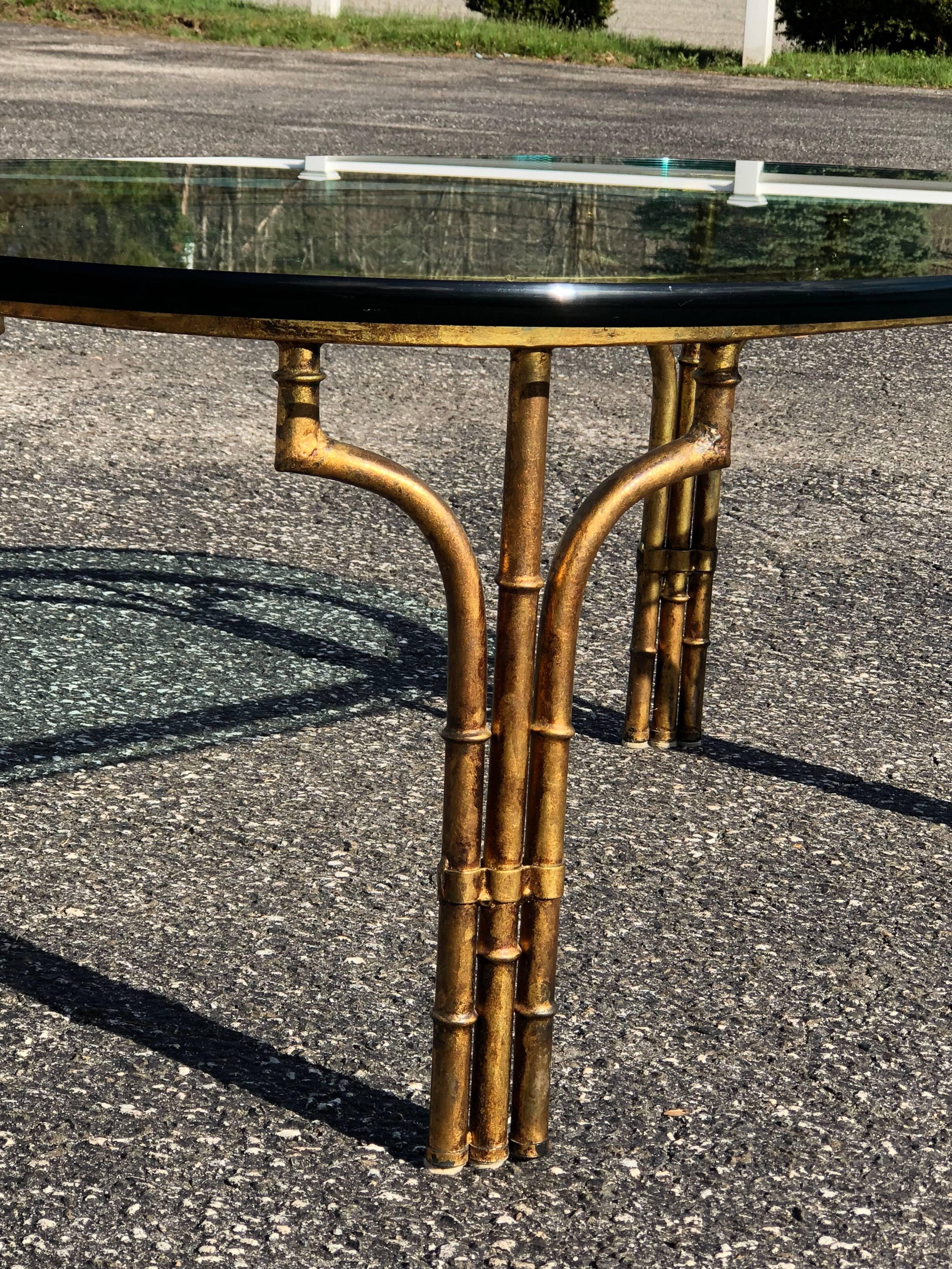Glass Gilt Faux Bamboo Oval Coffee Table For Sale