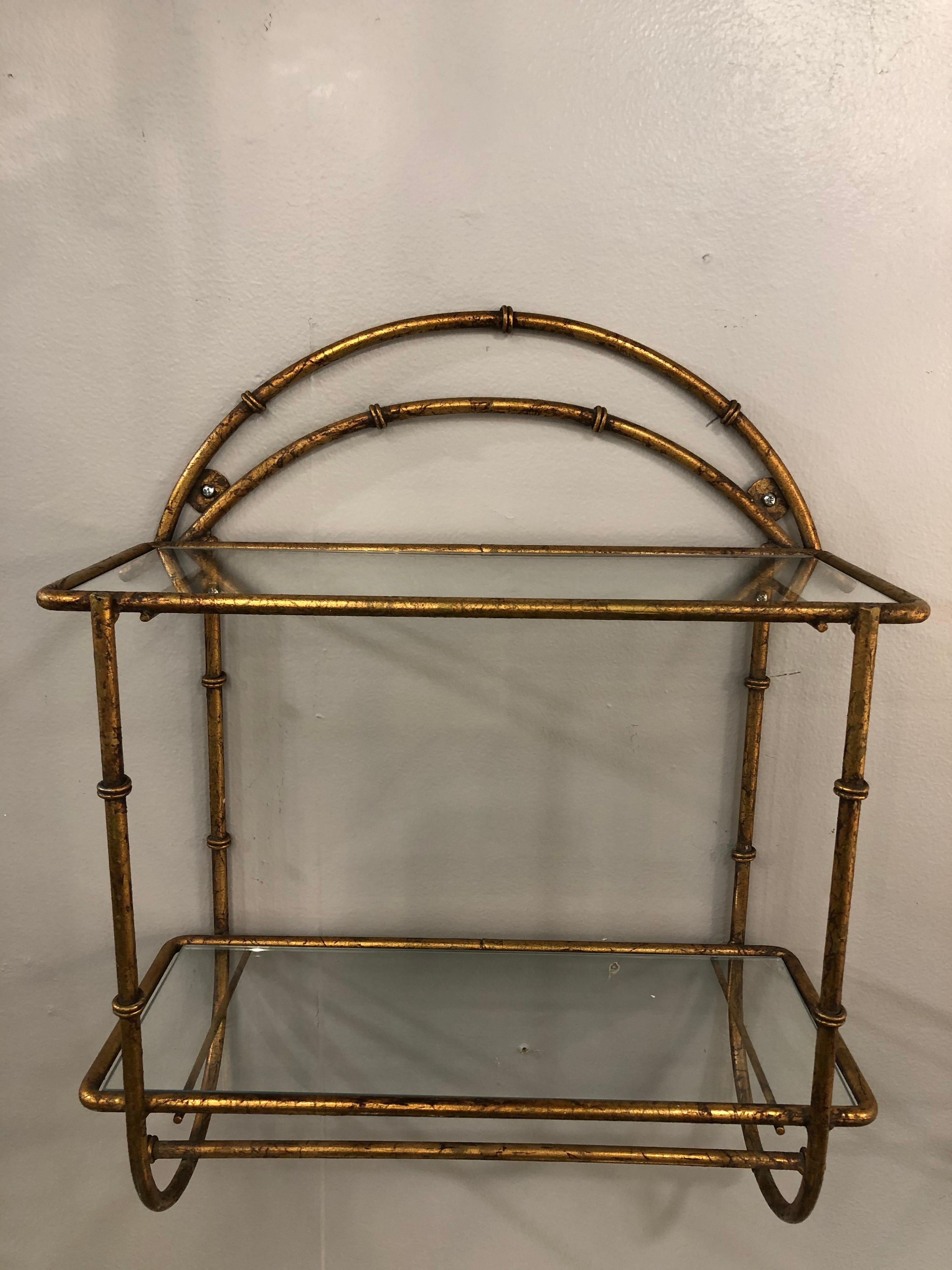 Gilt faux bamboo two-tier wall shelf with new glass shelves. Perfect for bathroom, has towel bar below shelves.