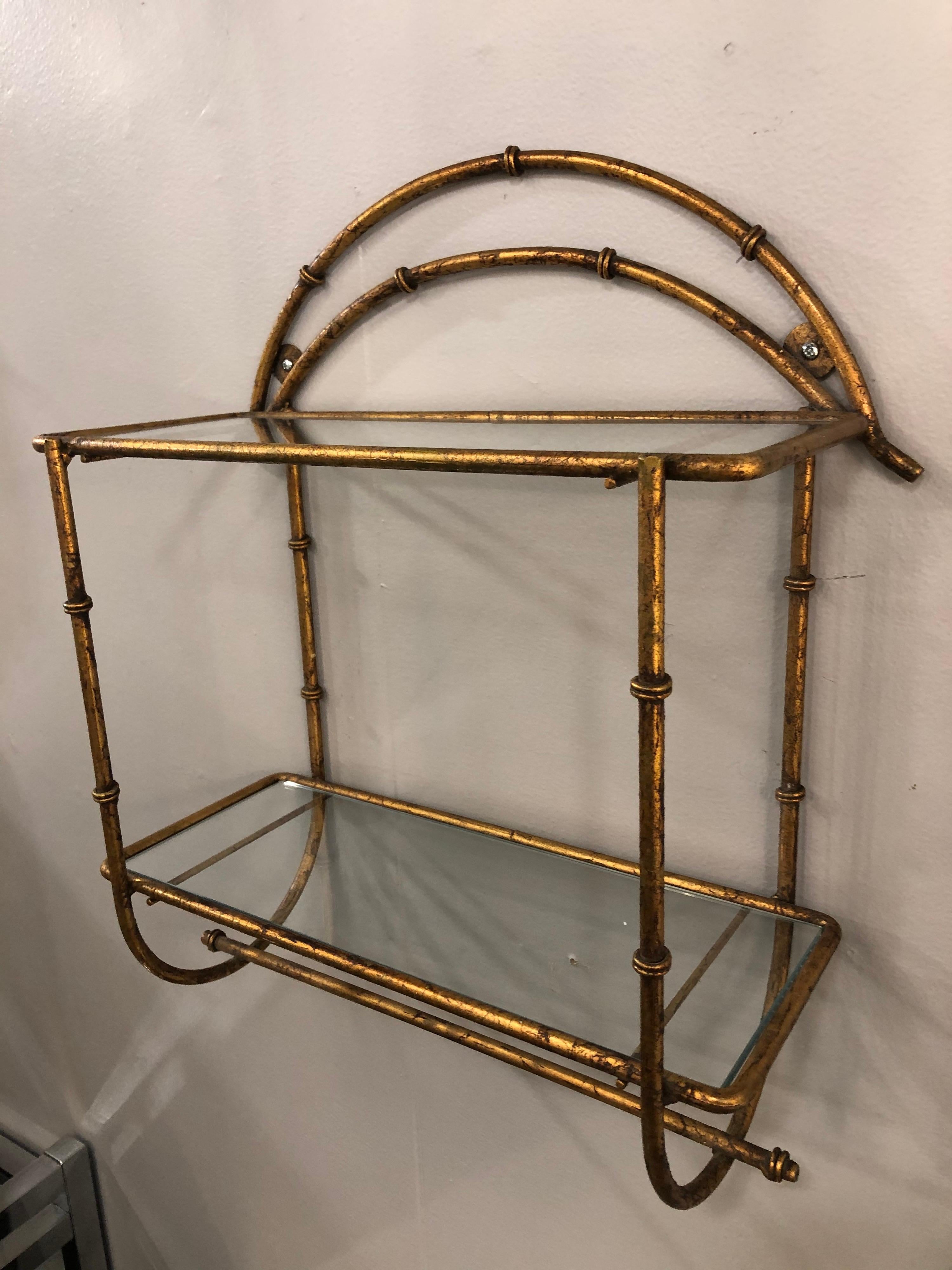 Hollywood Regency Gilt Faux Bamboo Two-Tier Wall Shelf