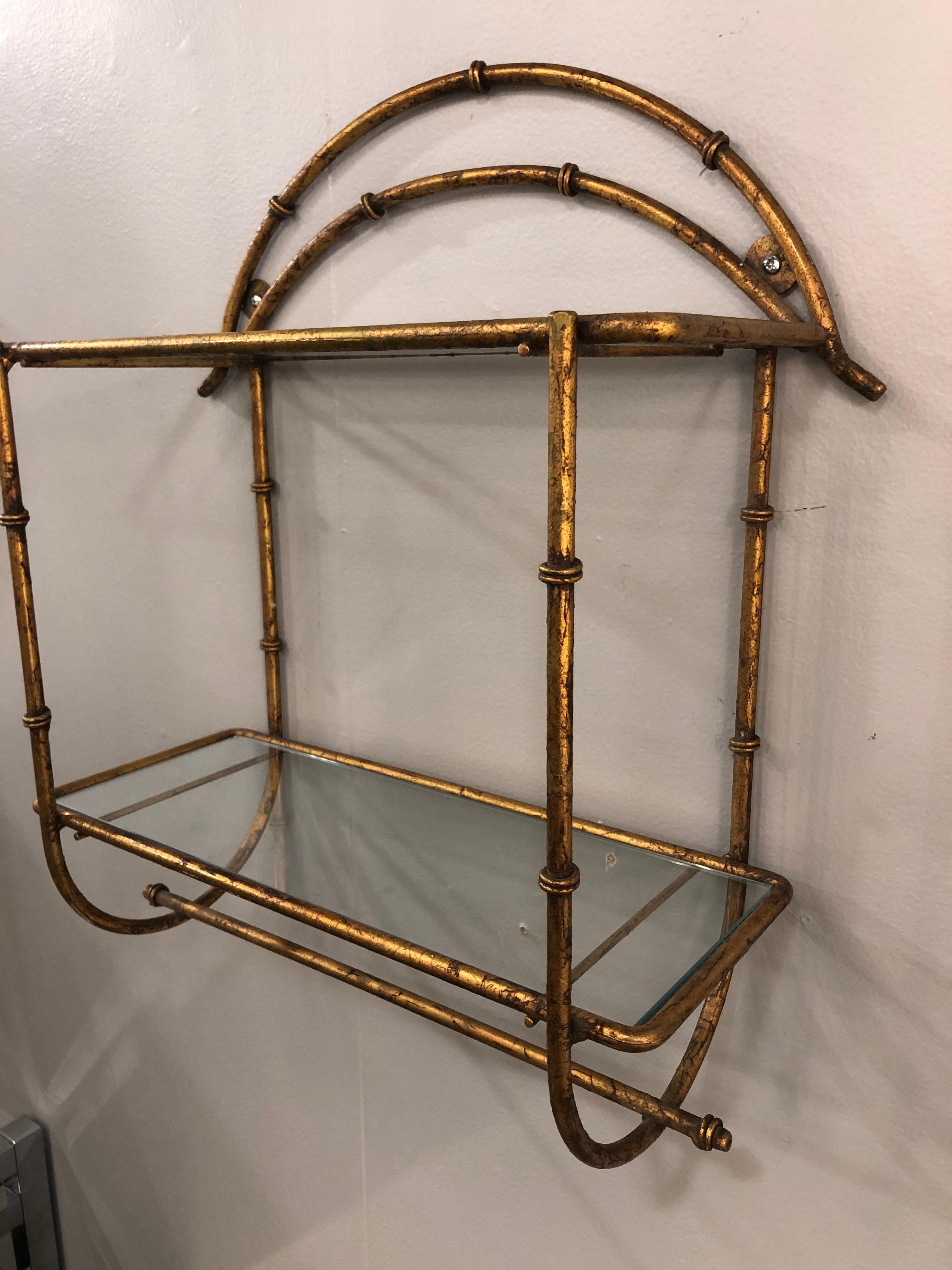Glass Gilt Faux Bamboo Two-Tier Wall Shelf