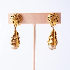 Gilt Filigree & Baroque Pearl Drop Earrings By Freirích, 1950s