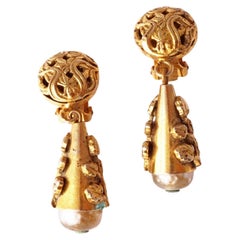 Gilt Filigree & Baroque Pearl Drop Earrings By Freirích, 1950s