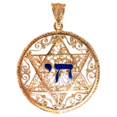 Gilt filigree Deco Jewish chai Star of David pendant 14 karat חי