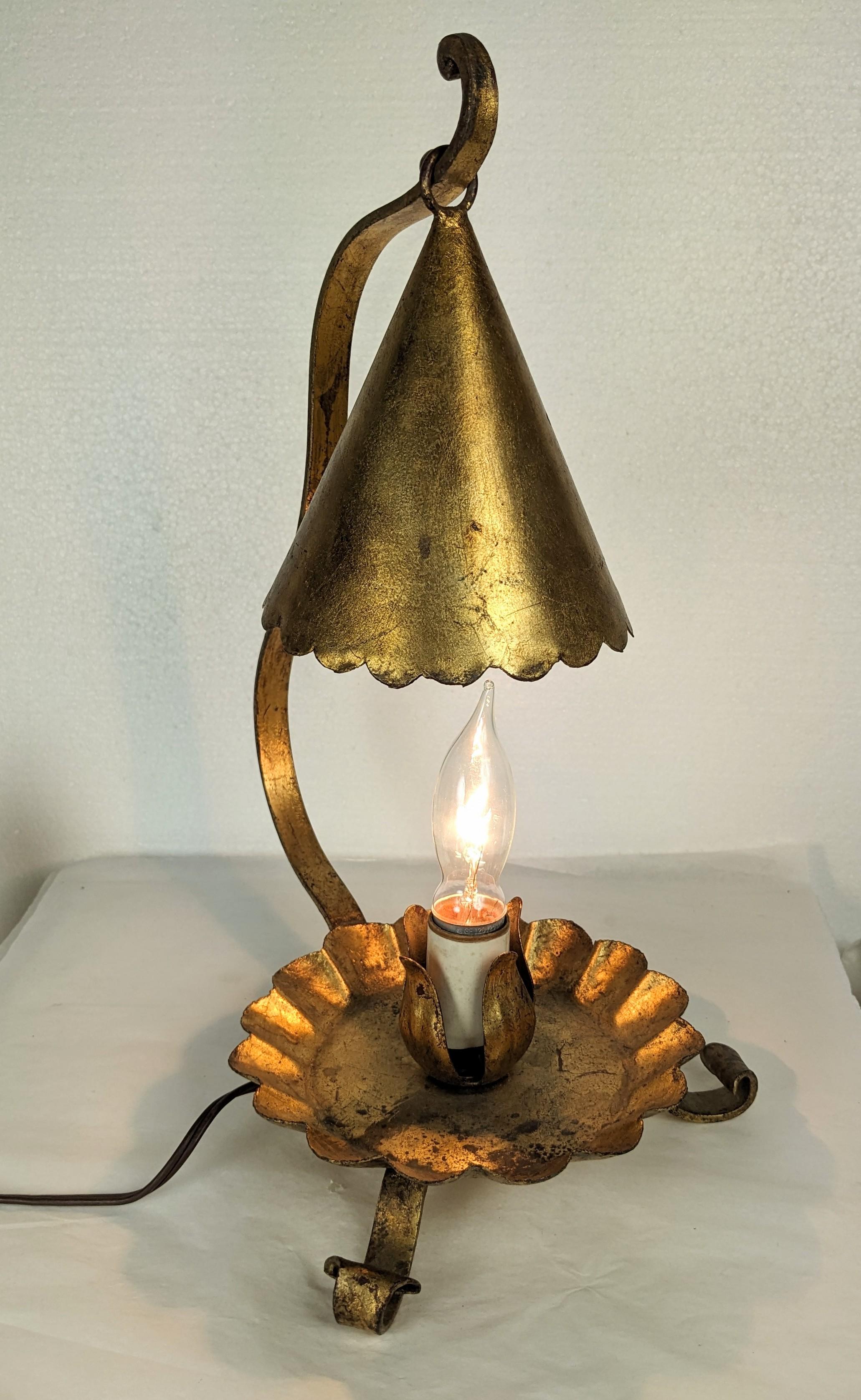 Charming Gilt Florentine Candle Snuffer Lamp from the 1960's. Designed as an electrified candle snuffer in gold leafed brass. Shade comes off cleaning with switch/plug in. 1960's Italy. 
