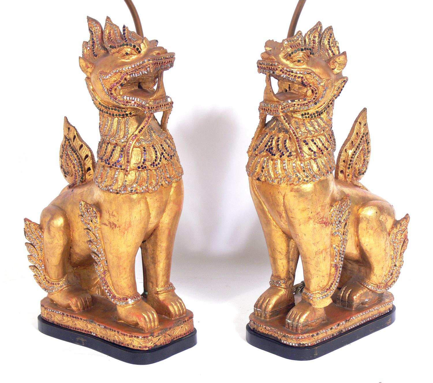 Hollywood Regency Gilt Foo Dog Lamps in the Manner of Tony Duquette, circa 1940s